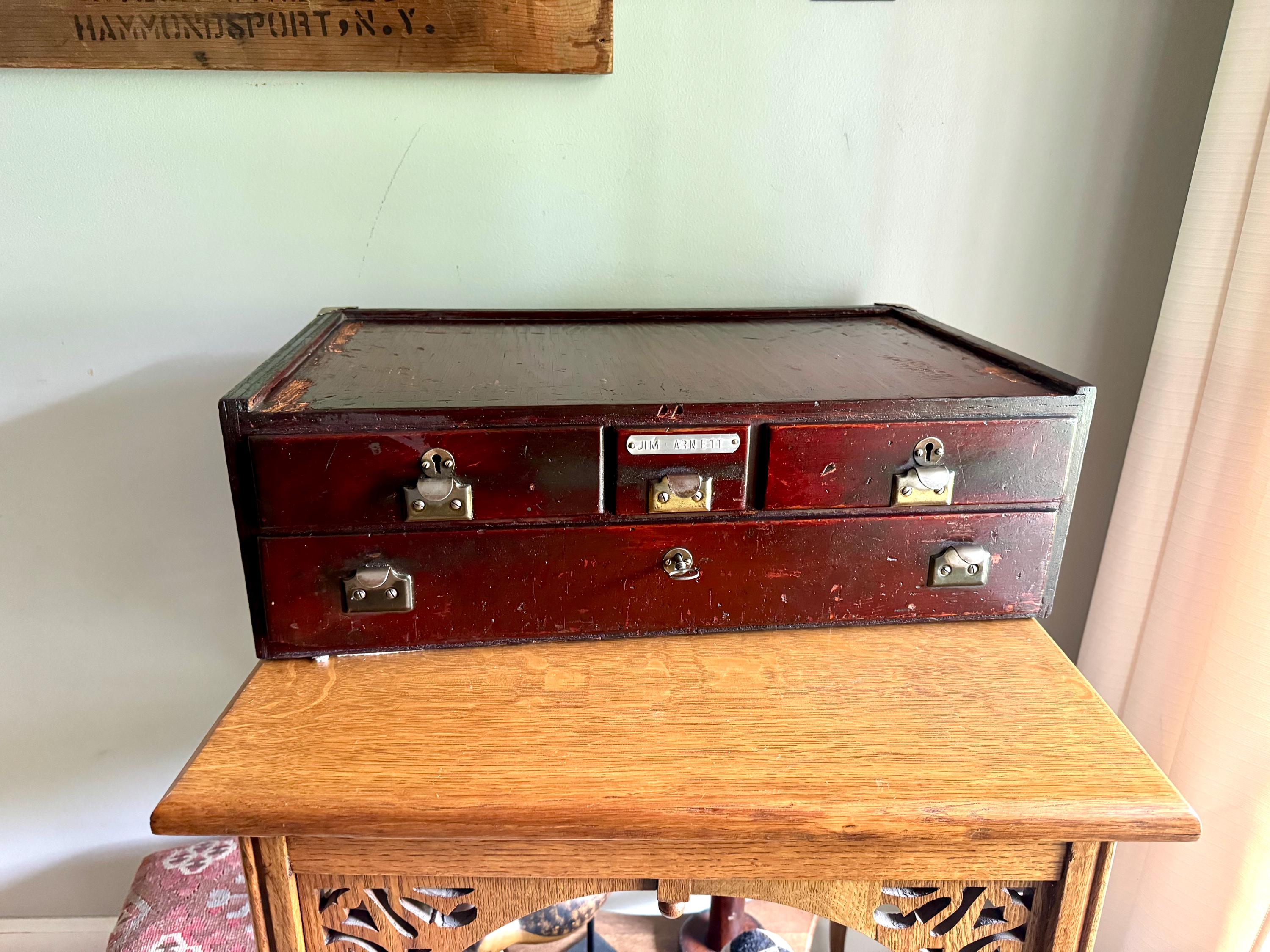 Antique Wood 4 Drawer Cabinet | Wood Countertop Locking Cabinet Drawers | Machinist Word Bench Cabinet | Cash Register Stand