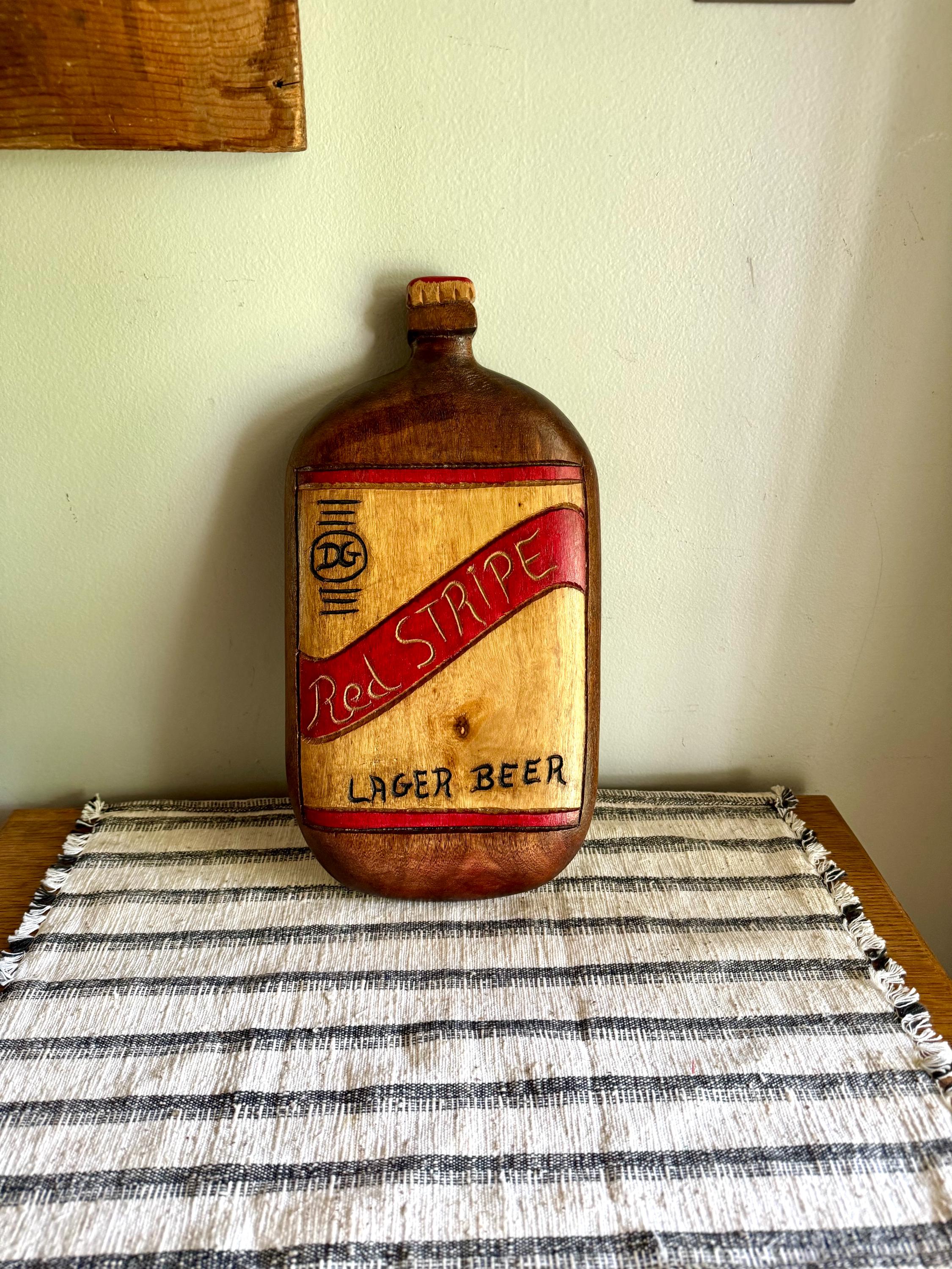 Vintage Red Stripe Beer Sign | Carved Wood Red Stripe Lager Beer Sign | Hand Carved Red Stripe Beer Bottle Sign | Tiki Bar Decor Sign