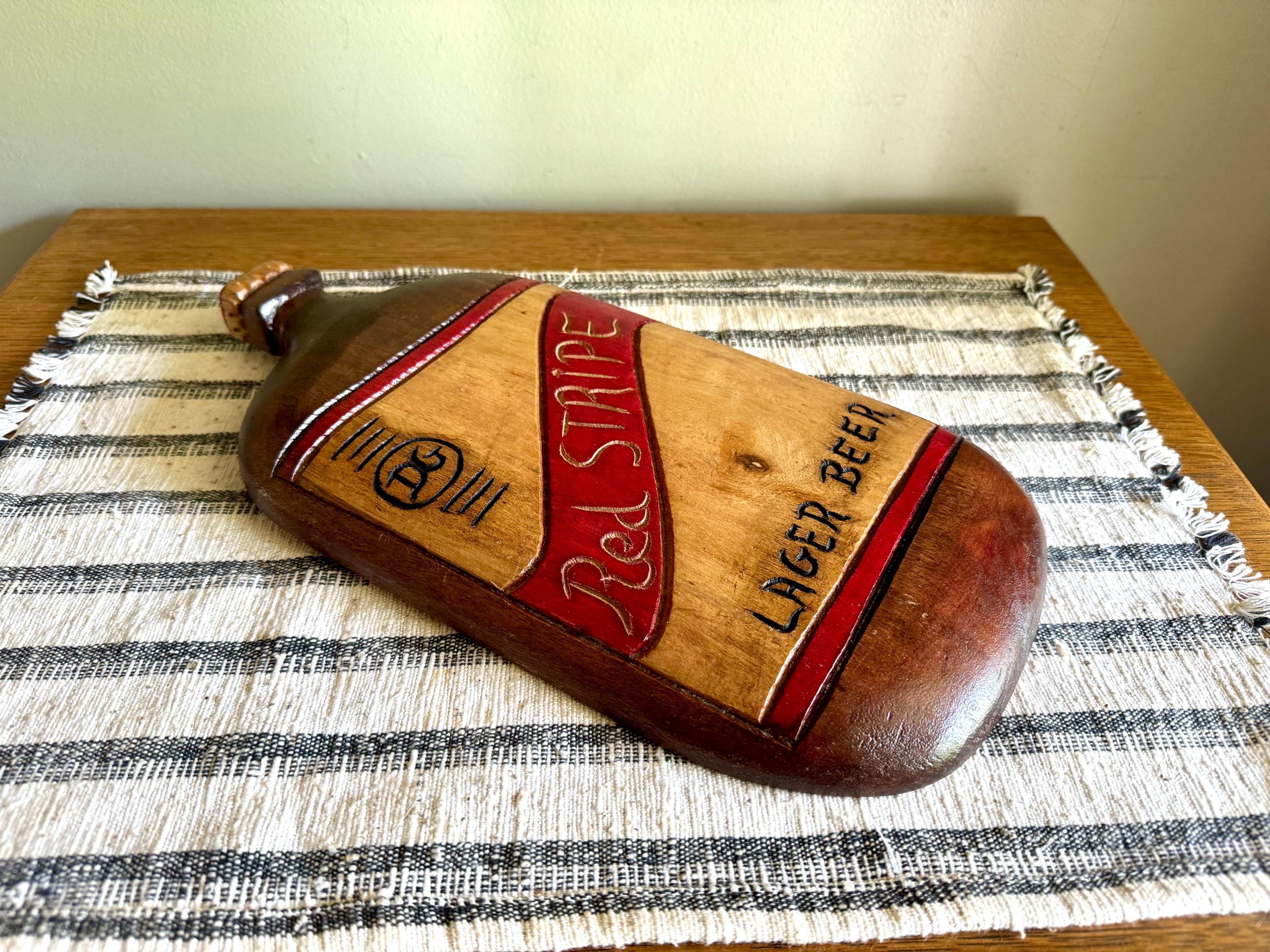 Vintage Red Stripe Beer Sign | Carved Wood Red Stripe Lager Beer Sign | Hand Carved Red Stripe Beer Bottle Sign | Tiki Bar Decor Sign