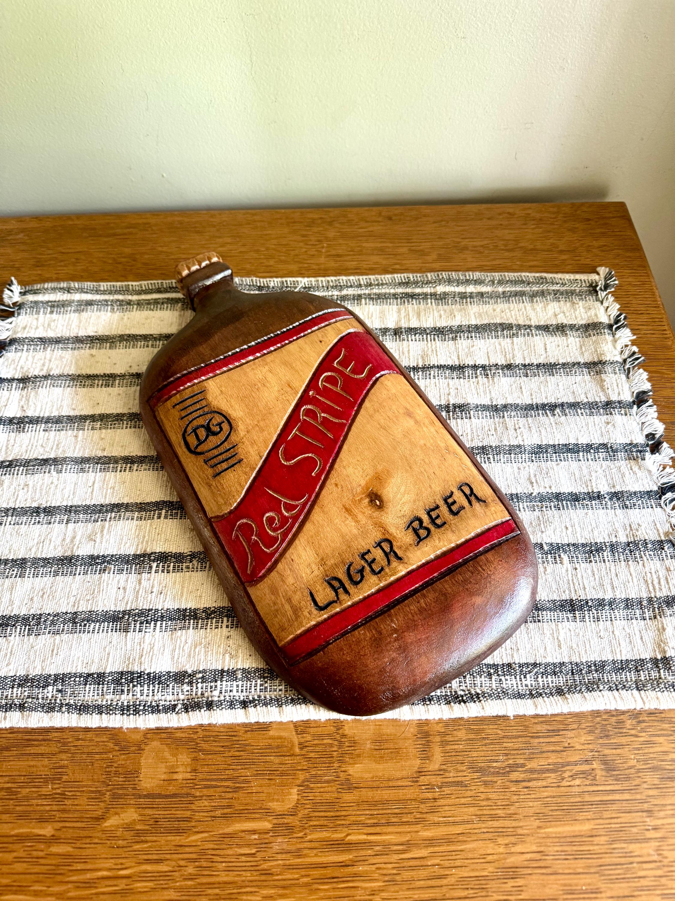 Vintage Red Stripe Beer Sign | Carved Wood Red Stripe Lager Beer Sign | Hand Carved Red Stripe Beer Bottle Sign | Tiki Bar Decor Sign