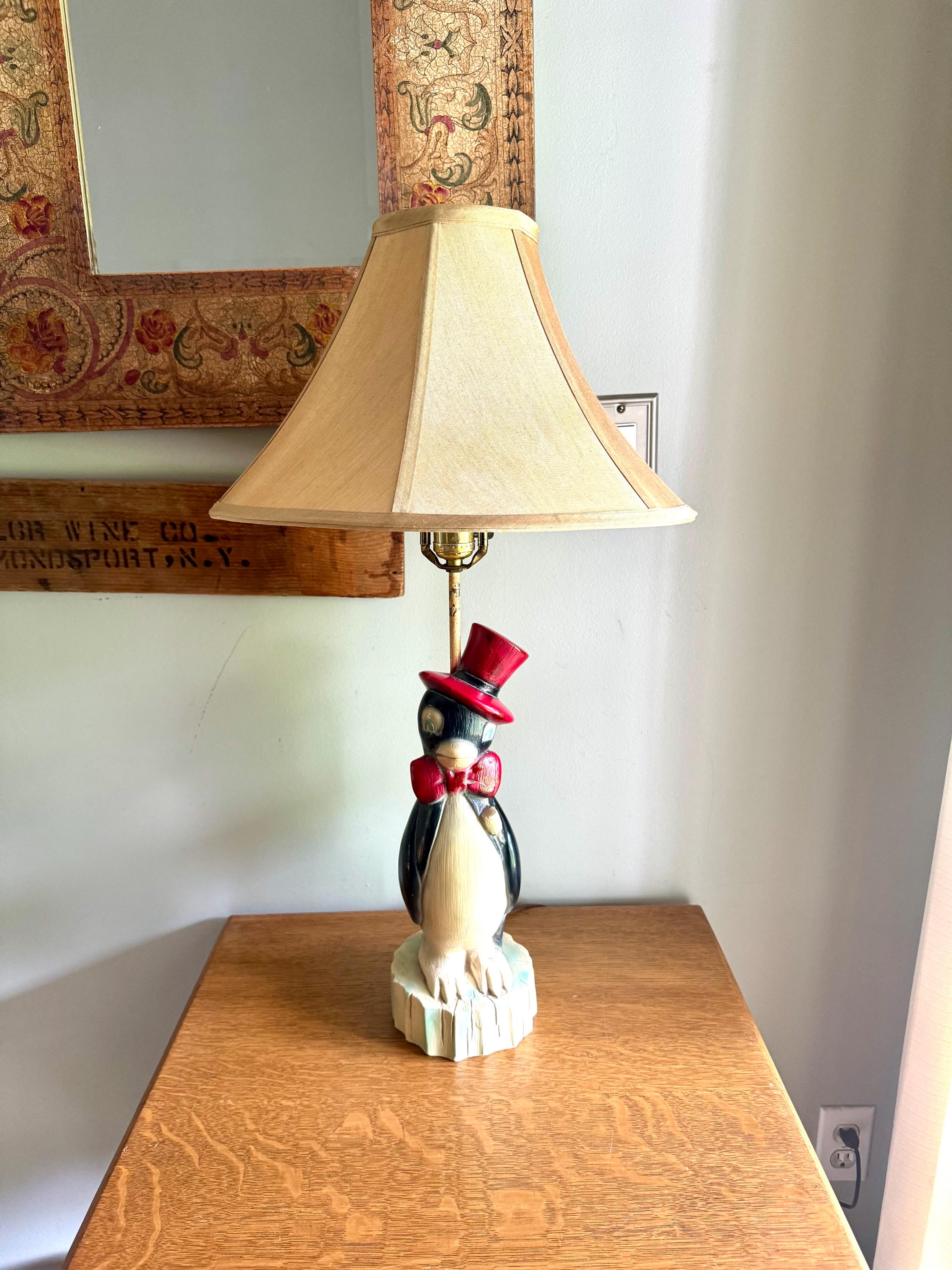 Vintage Quartite Creative Corp Penguin Lamp | Penquin in Bowtie and Top Hat Lamp | Penguin Chalk Ware Lamp | Whimsical Penguin Lamp