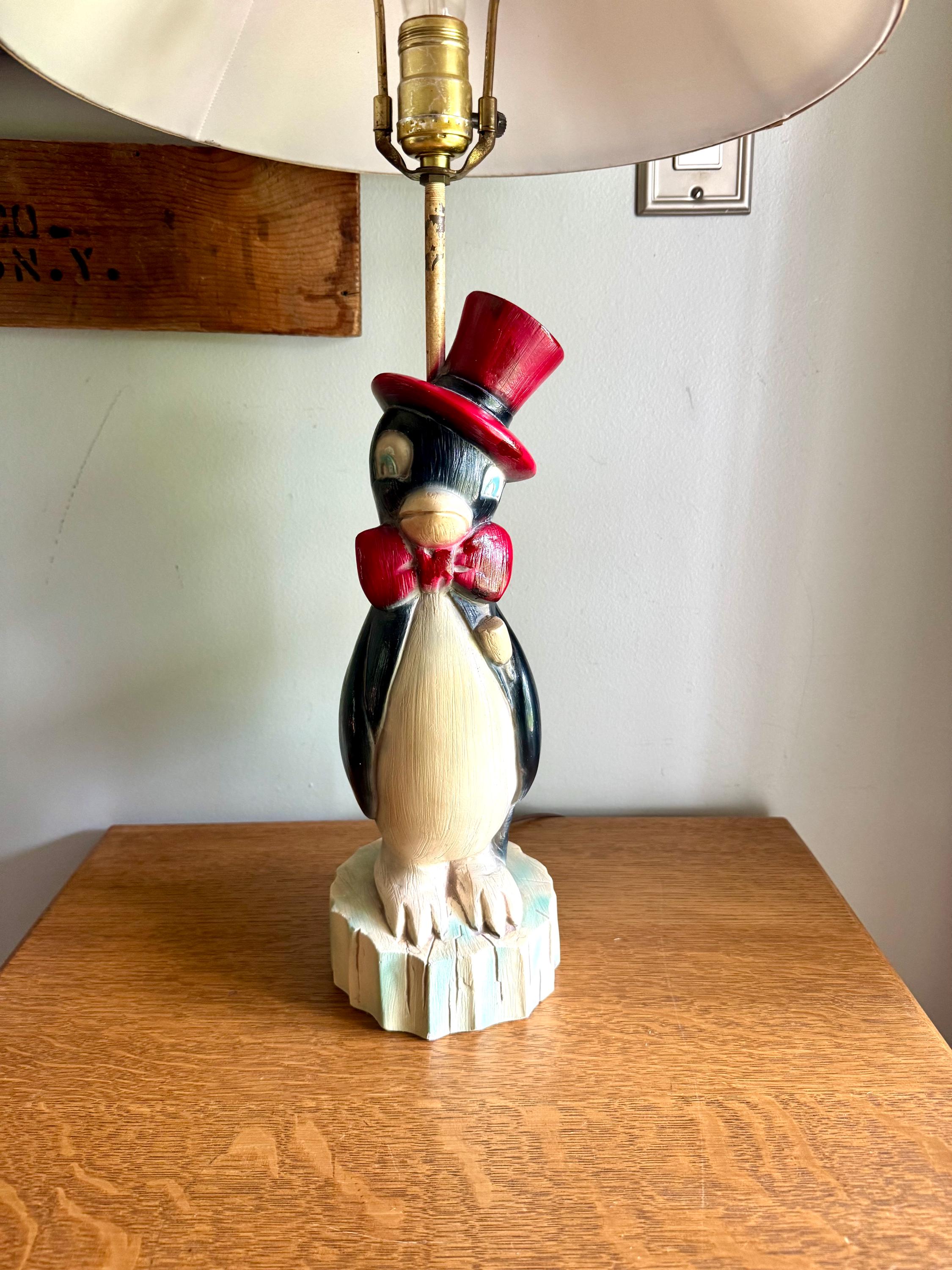 Vintage Quartite Creative Corp Penguin Lamp | Penquin in Bowtie and Top Hat Lamp | Penguin Chalk Ware Lamp | Whimsical Penguin Lamp