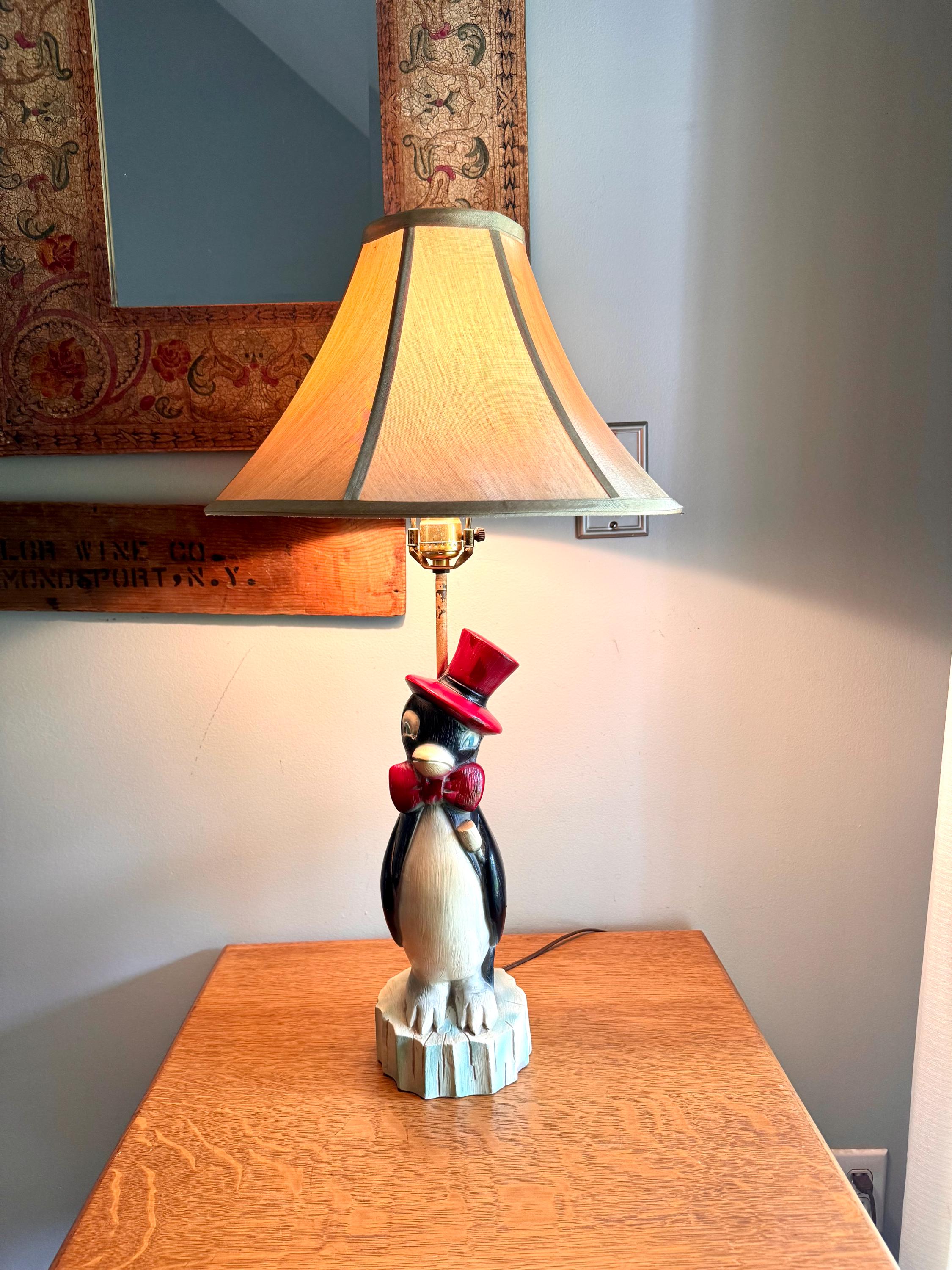 Vintage Quartite Creative Corp Penguin Lamp | Penquin in Bowtie and Top Hat Lamp | Penguin Chalk Ware Lamp | Whimsical Penguin Lamp