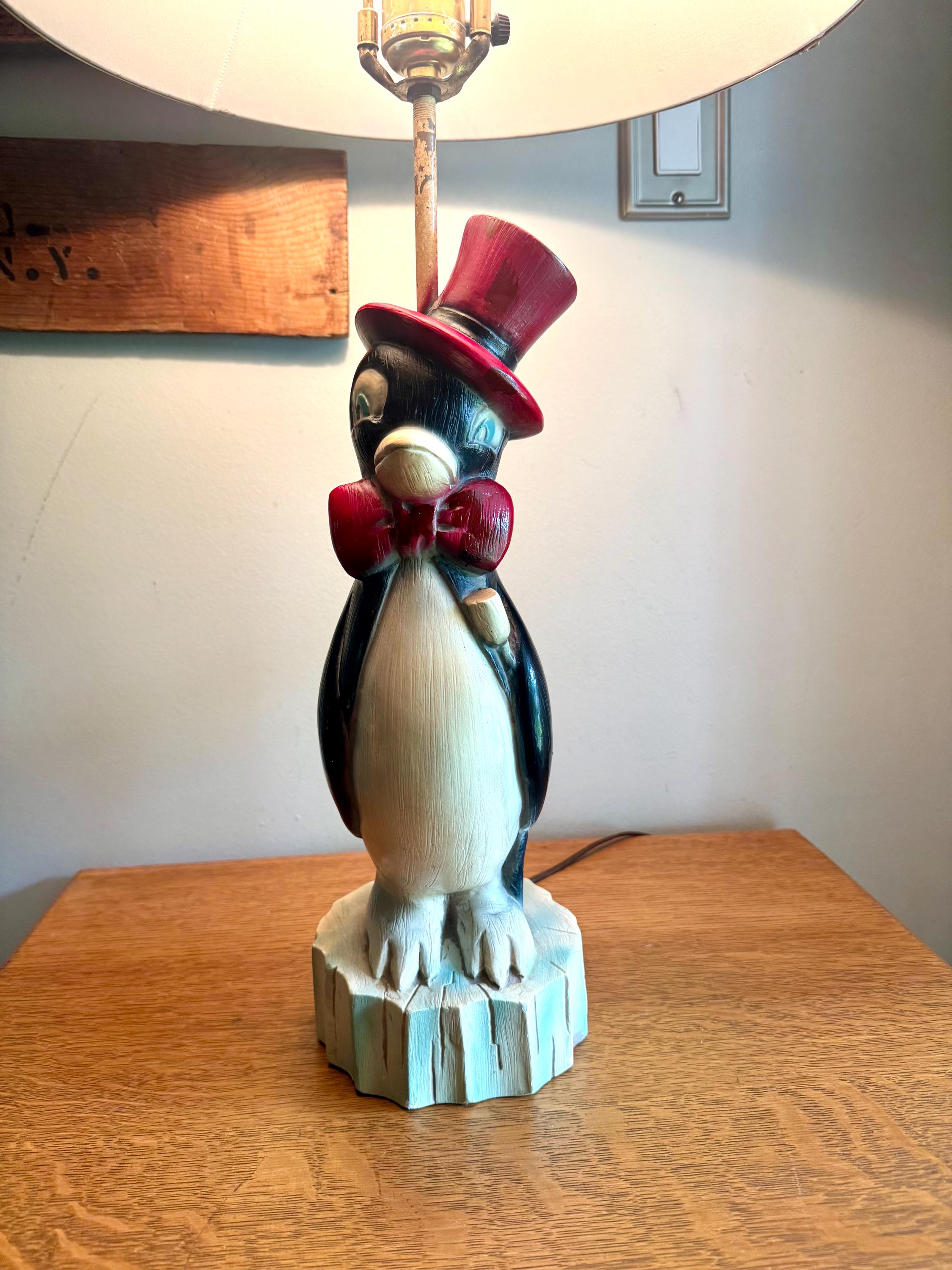 Vintage Quartite Creative Corp Penguin Lamp | Penquin in Bowtie and Top Hat Lamp | Penguin Chalk Ware Lamp | Whimsical Penguin Lamp