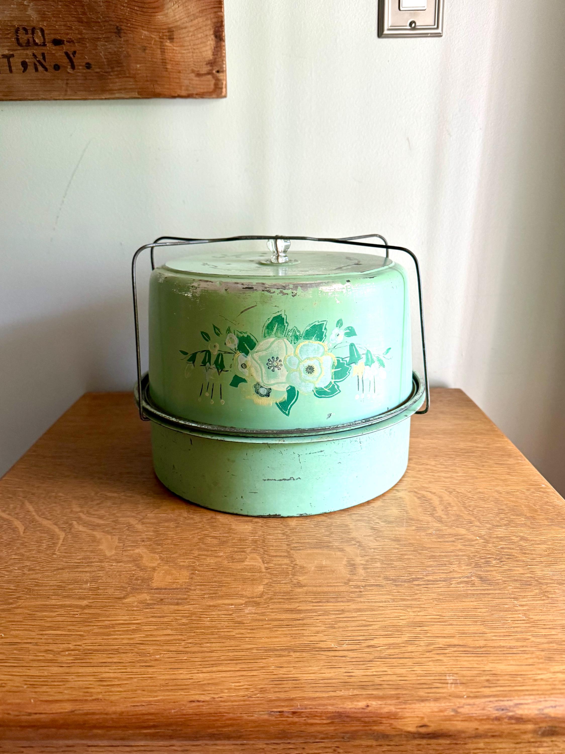 Vintage Green Floral Cake Carrier | Double Decker Cake Carrier | Green Cake and Pie Carrier | Cake Carrier Tin with 2 Compartments