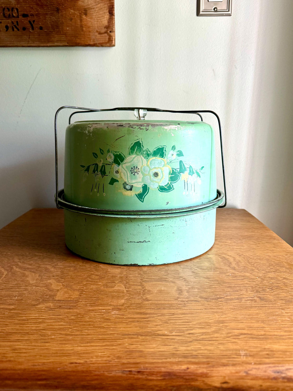 Vintage Green Floral Cake Carrier | Double Decker Cake Carrier | Green Cake and Pie Carrier | Cake Carrier Tin with 2 Compartments