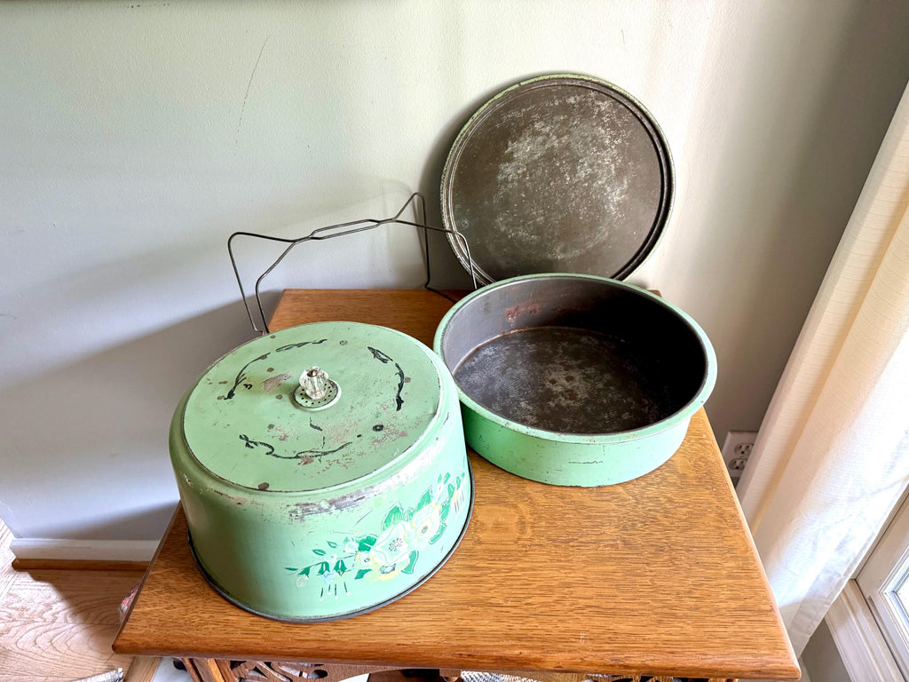Vintage Green Floral Cake Carrier | Double Decker Cake Carrier | Green Cake and Pie Carrier | Cake Carrier Tin with 2 Compartments
