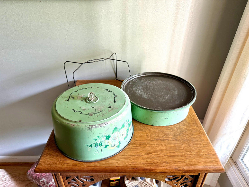 Vintage Green Floral Cake Carrier | Double Decker Cake Carrier | Green Cake and Pie Carrier | Cake Carrier Tin with 2 Compartments