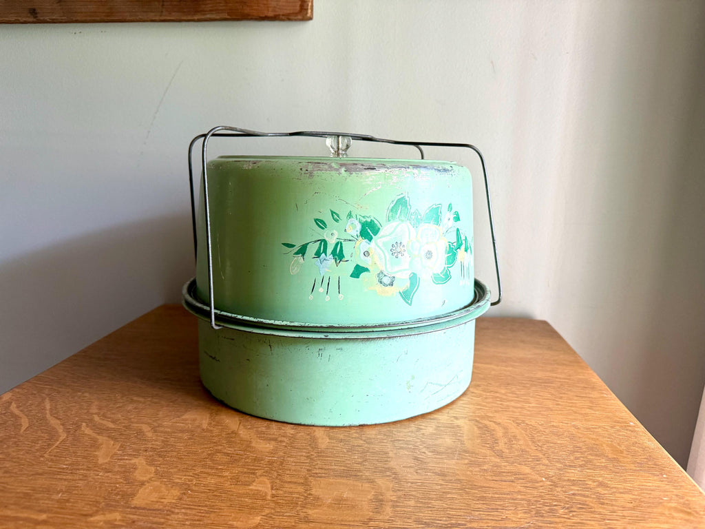 Vintage Green Floral Cake Carrier | Double Decker Cake Carrier | Green Cake and Pie Carrier | Cake Carrier Tin with 2 Compartments