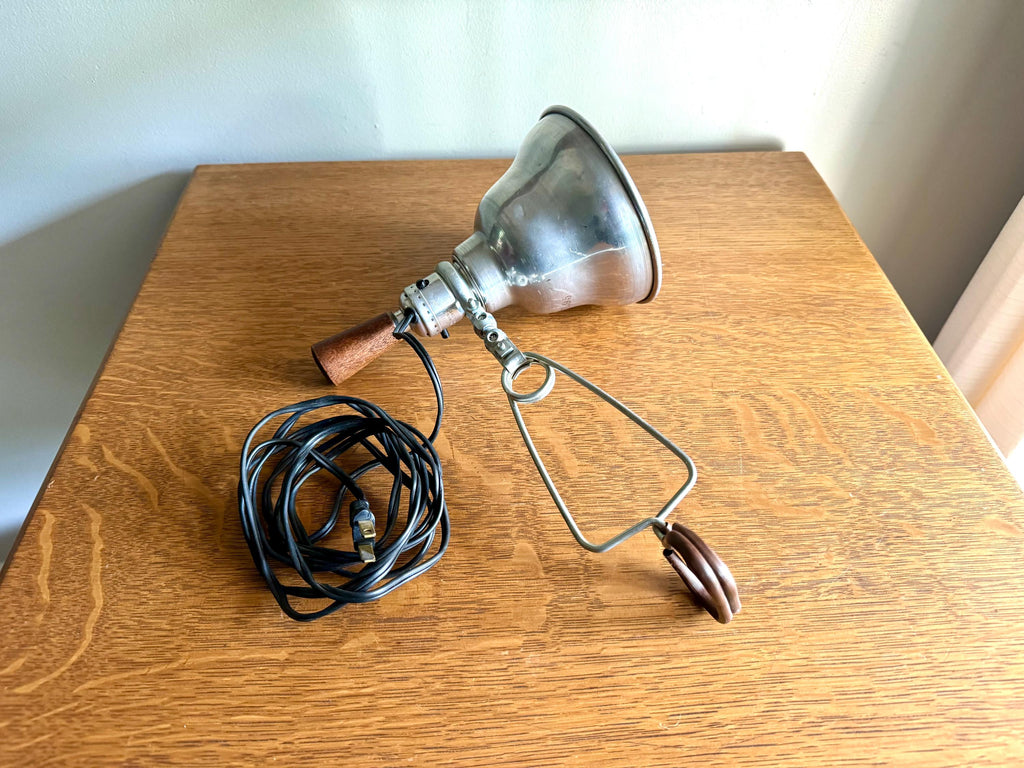 Vtg Aluminum Clamp Lamp | Wood Knob Clamp Lamp | Leviton Work Lamp | Photography Lamp | Spot lamp | Workstation Lamp