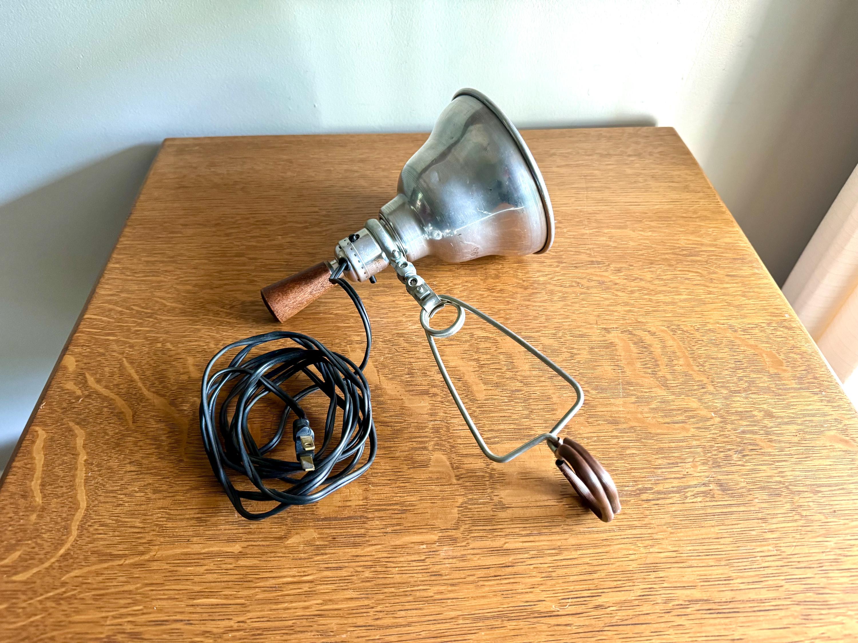 Vtg Aluminum Clamp Lamp | Wood Knob Clamp Lamp | Leviton Work Lamp | Photography Lamp | Spot lamp | Workstation Lamp