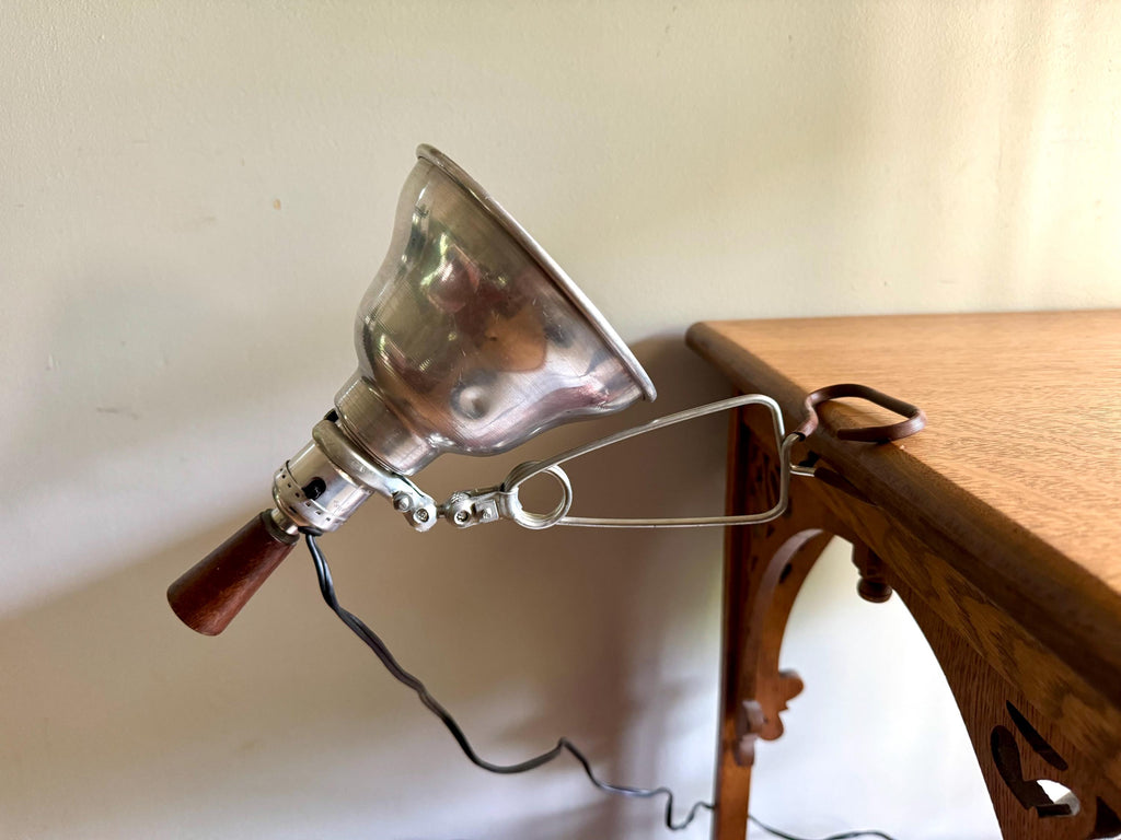 Vtg Aluminum Clamp Lamp | Wood Knob Clamp Lamp | Leviton Work Lamp | Photography Lamp | Spot lamp | Workstation Lamp