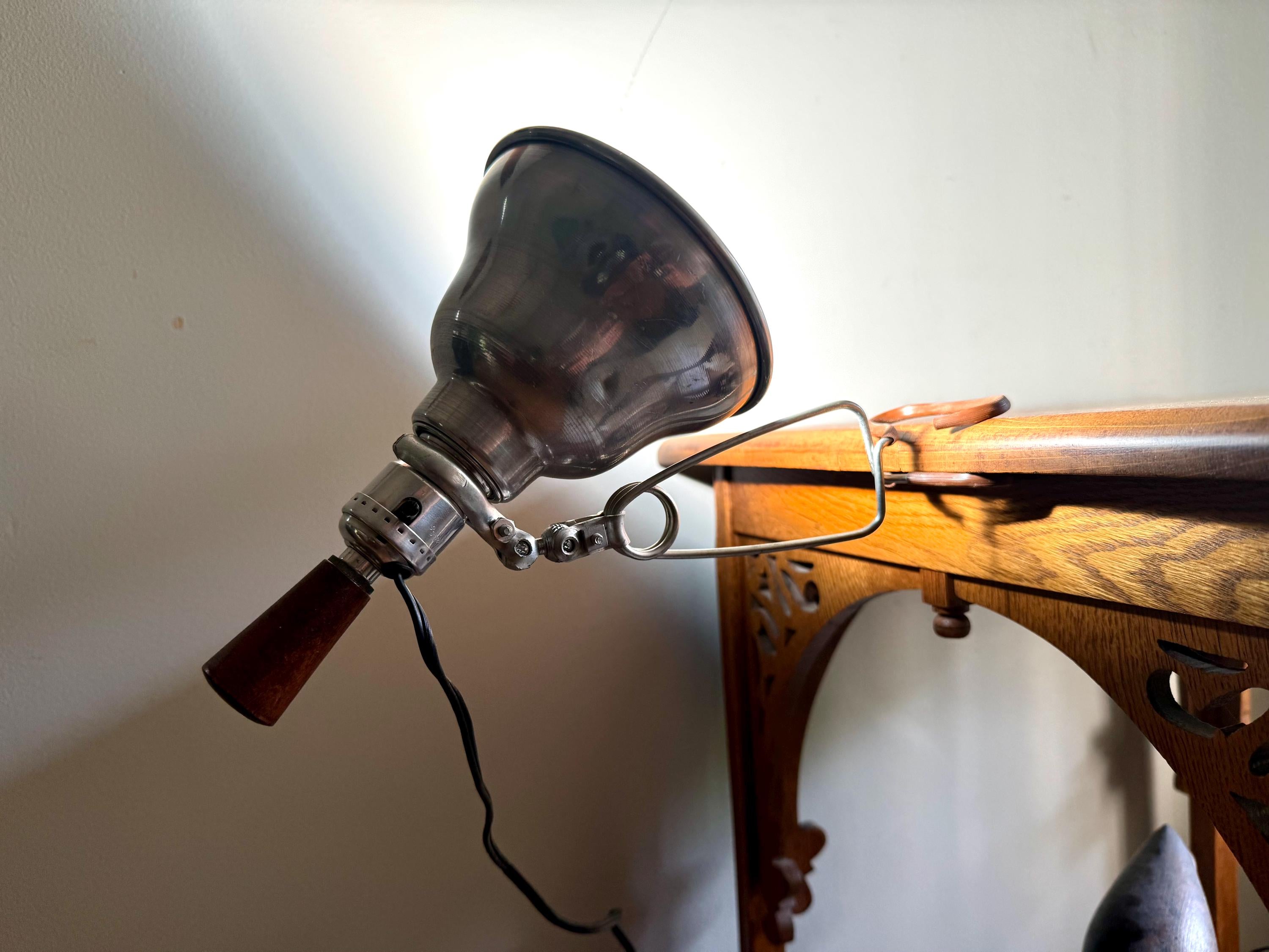 Vtg Aluminum Clamp Lamp | Wood Knob Clamp Lamp | Leviton Work Lamp | Photography Lamp | Spot lamp | Workstation Lamp