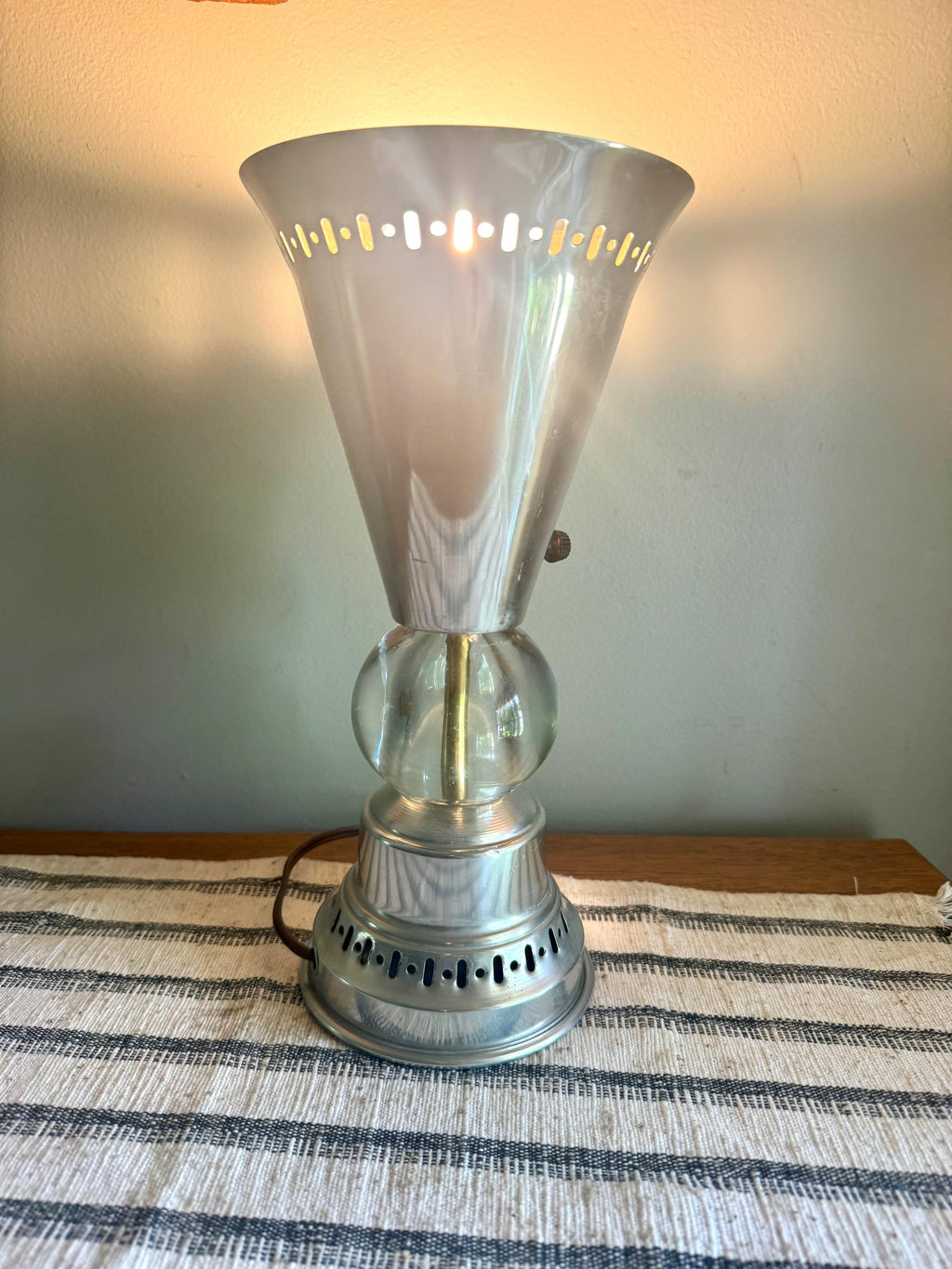 Vintage Aluminum Atomic Boudoir Lamp | Glass Ball Aluminum Torchiere Lamp | Stamped Aluminum Designed Lamp | MCM Torchiere Lamp