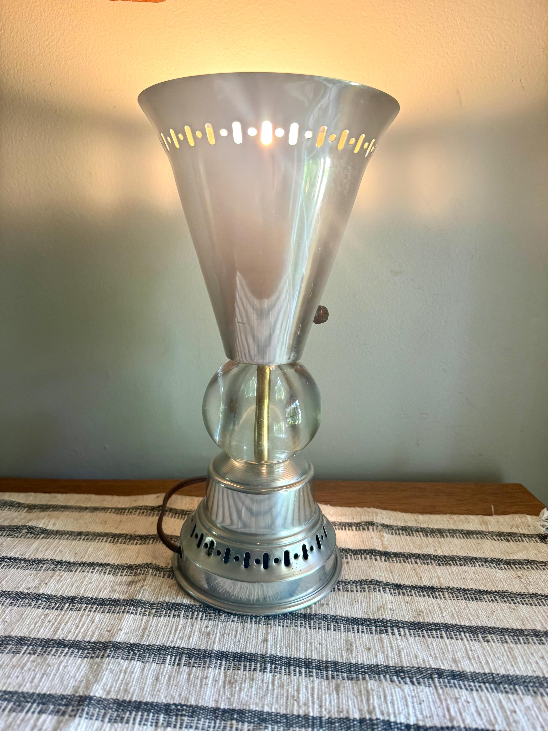Vintage Aluminum Atomic Boudoir Lamp | Glass Ball Aluminum Torchiere Lamp | Stamped Aluminum Designed Lamp | MCM Torchiere Lamp