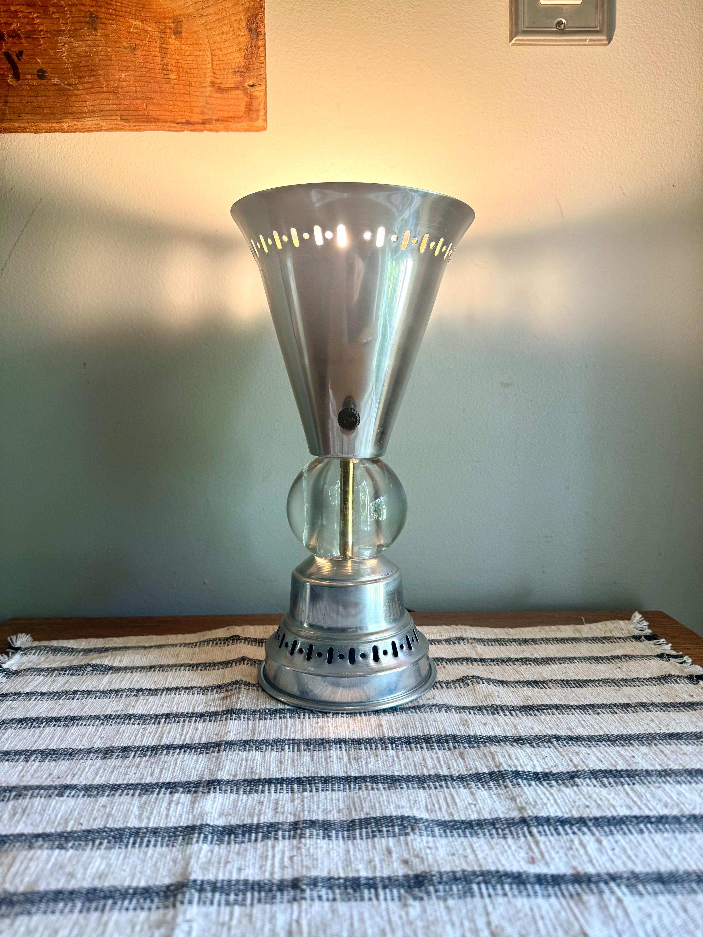 Vintage Aluminum Atomic Boudoir Lamp | Glass Ball Aluminum Torchiere Lamp | Stamped Aluminum Designed Lamp | MCM Torchiere Lamp
