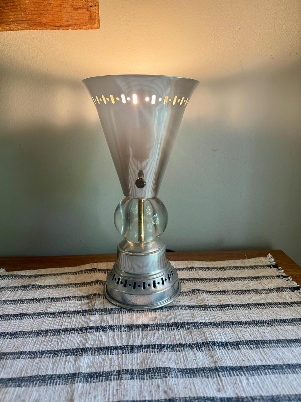 Vintage Aluminum Atomic Boudoir Lamp | Glass Ball Aluminum Torchiere Lamp | Stamped Aluminum Designed Lamp | MCM Torchiere Lamp
