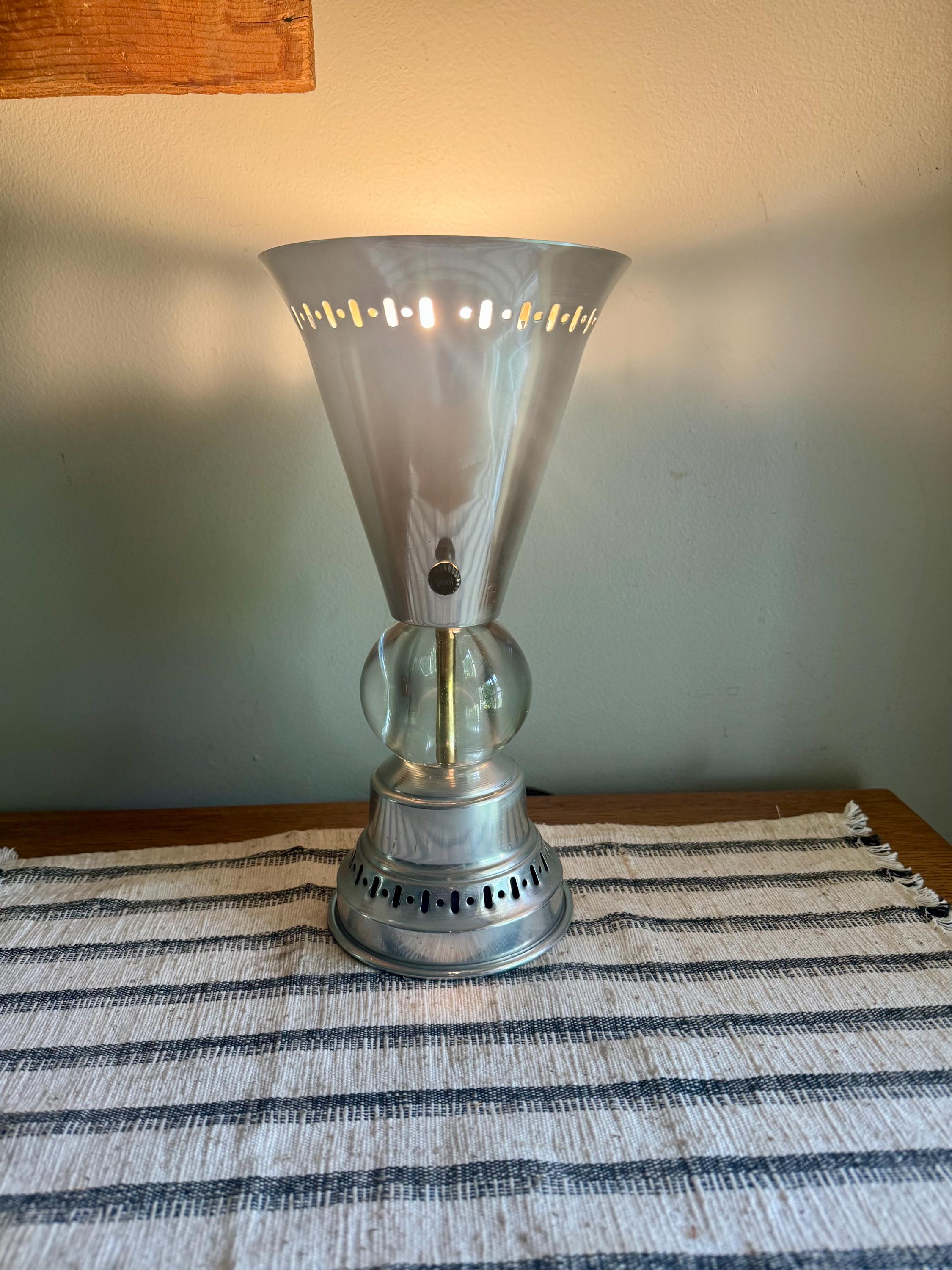 Vintage Aluminum Atomic Boudoir Lamp | Glass Ball Aluminum Torchiere Lamp | Stamped Aluminum Designed Lamp | MCM Torchiere Lamp
