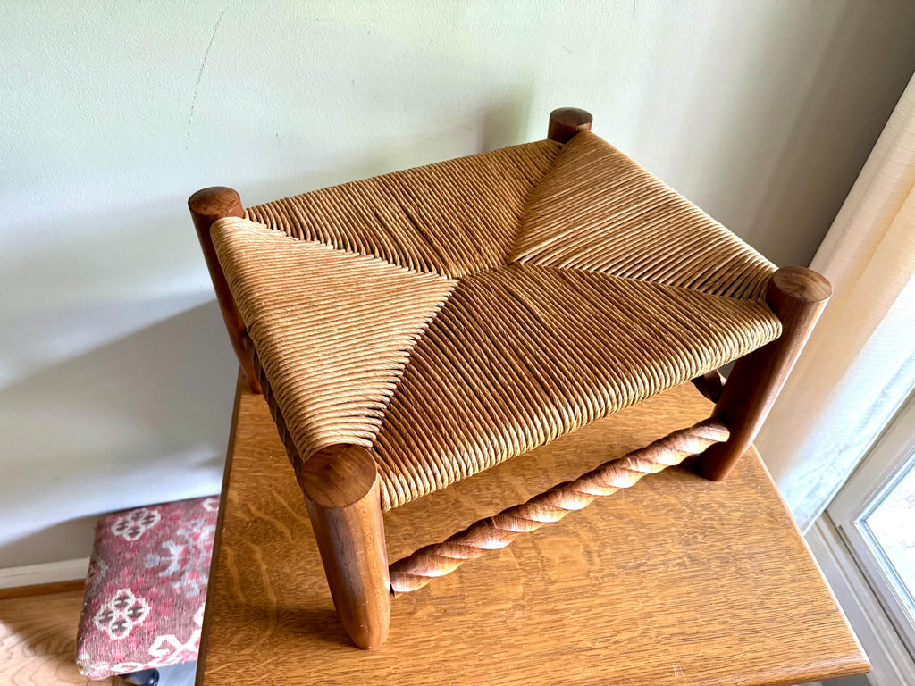 Vintage Wooden Foot Stool | Woven Rush Top Ottoman | Rush Seat Twisted Step Stool | Bohemian Style Foot Stool | Plant Stand | Rustic Stool