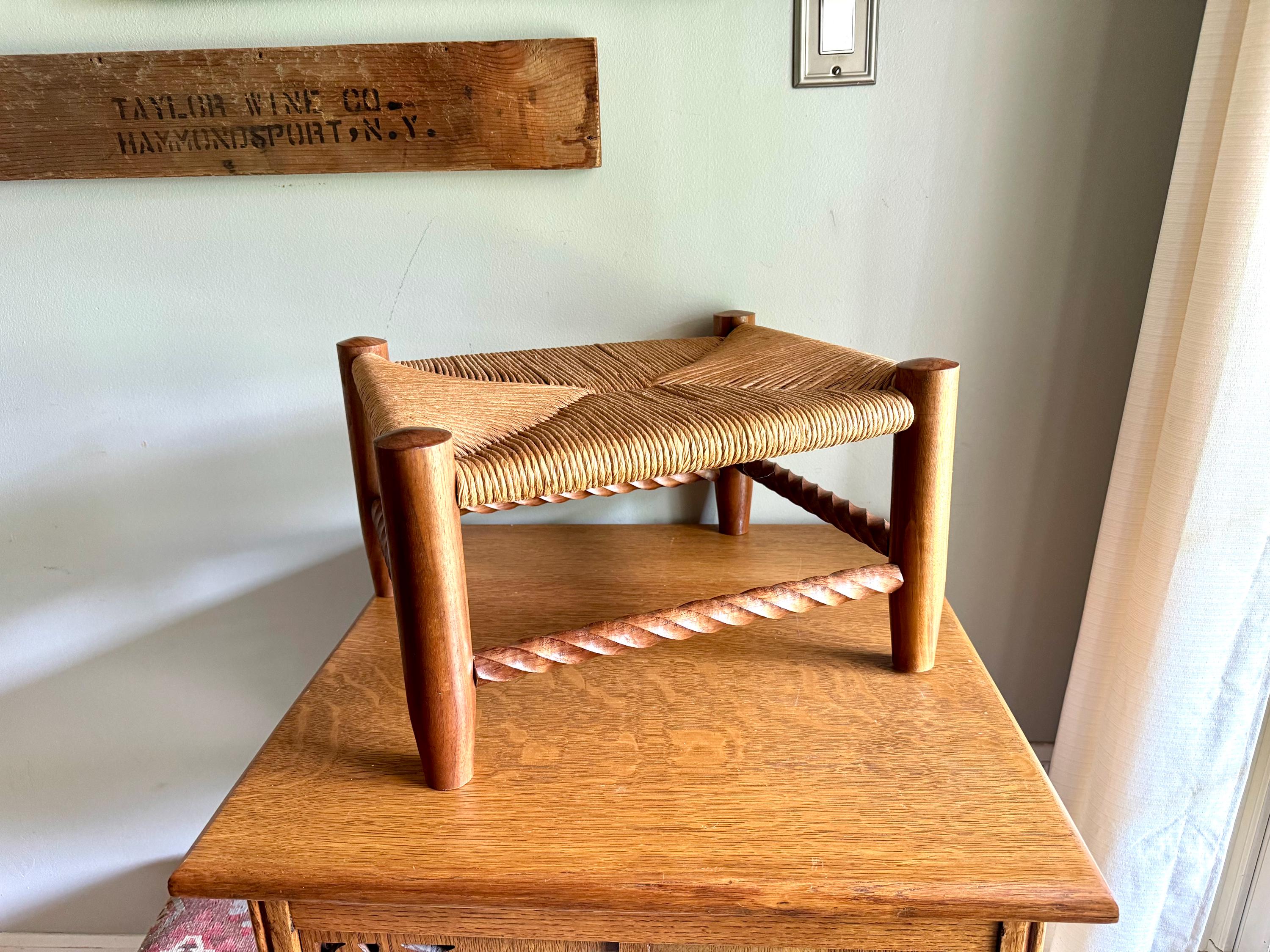 Vintage Wooden Foot Stool | Woven Rush Top Ottoman | Rush Seat Twisted Step Stool | Bohemian Style Foot Stool | Plant Stand | Rustic Stool
