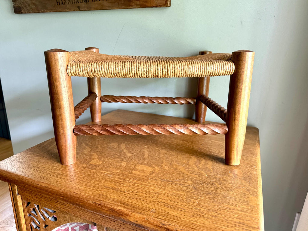Vintage Wooden Foot Stool | Woven Rush Top Ottoman | Rush Seat Twisted Step Stool | Bohemian Style Foot Stool | Plant Stand | Rustic Stool