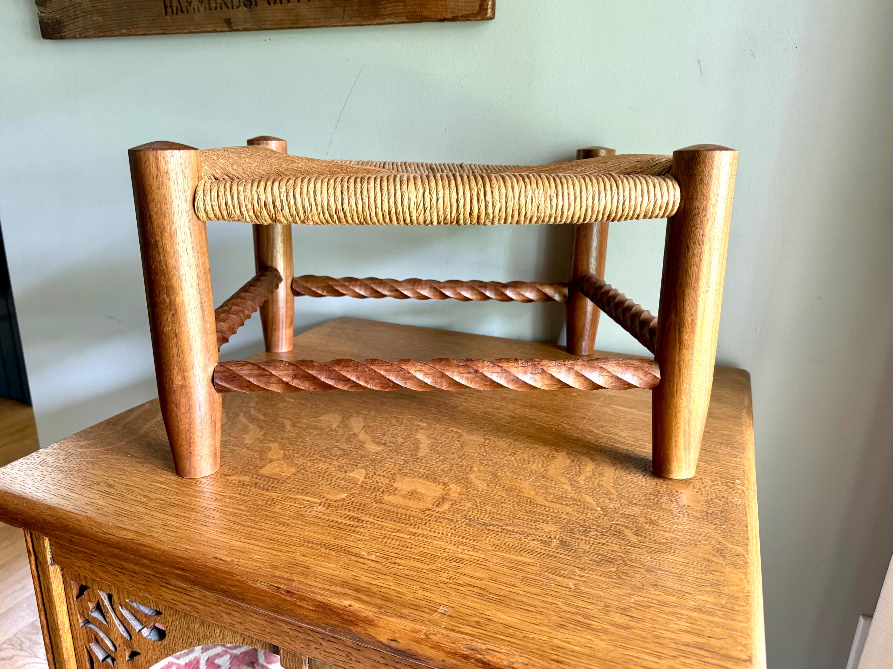Vintage Wooden Foot Stool | Woven Rush Top Ottoman | Rush Seat Twisted Step Stool | Bohemian Style Foot Stool | Plant Stand | Rustic Stool