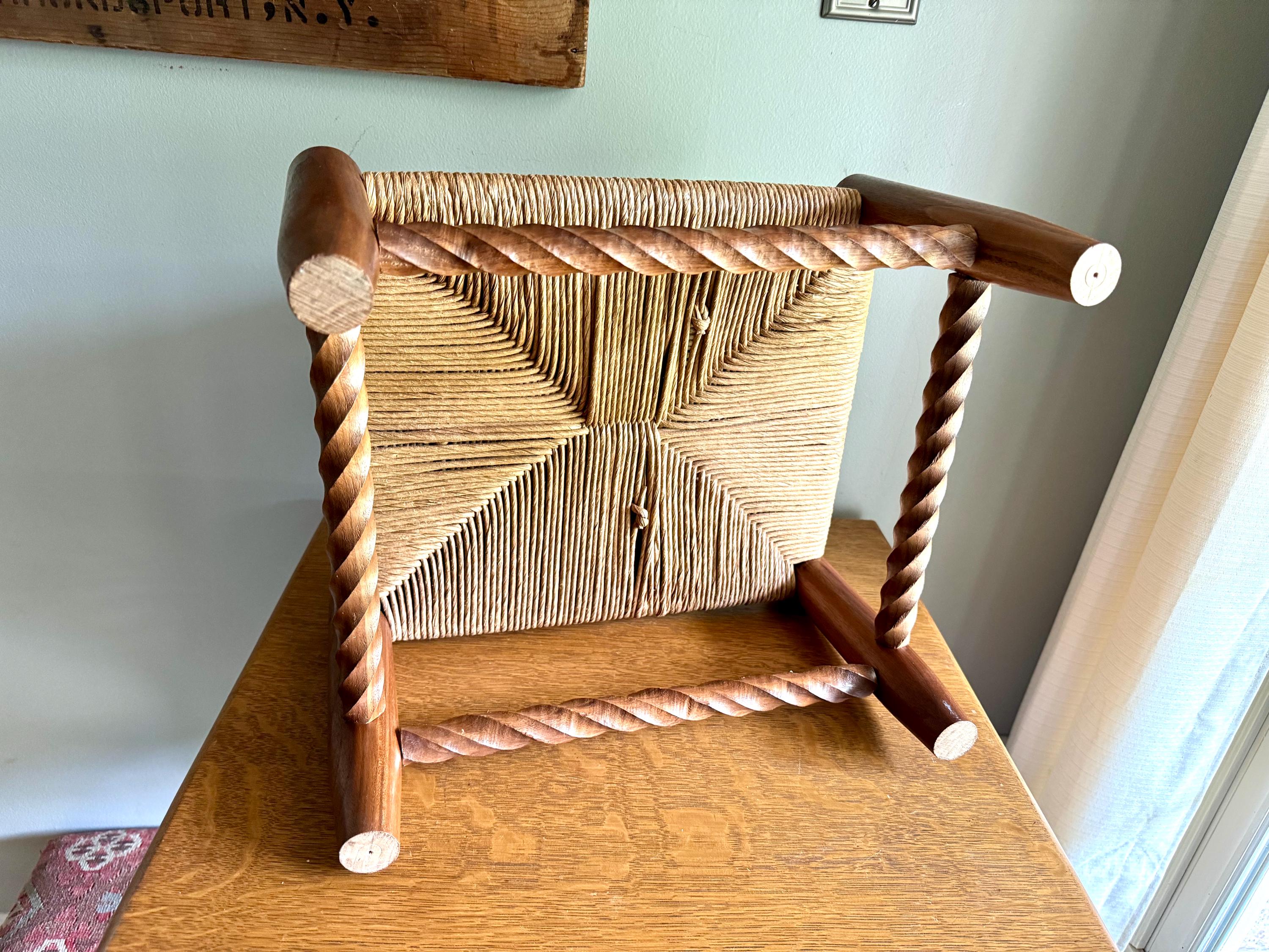 Vintage Wooden Foot Stool | Woven Rush Top Ottoman | Rush Seat Twisted Step Stool | Bohemian Style Foot Stool | Plant Stand | Rustic Stool
