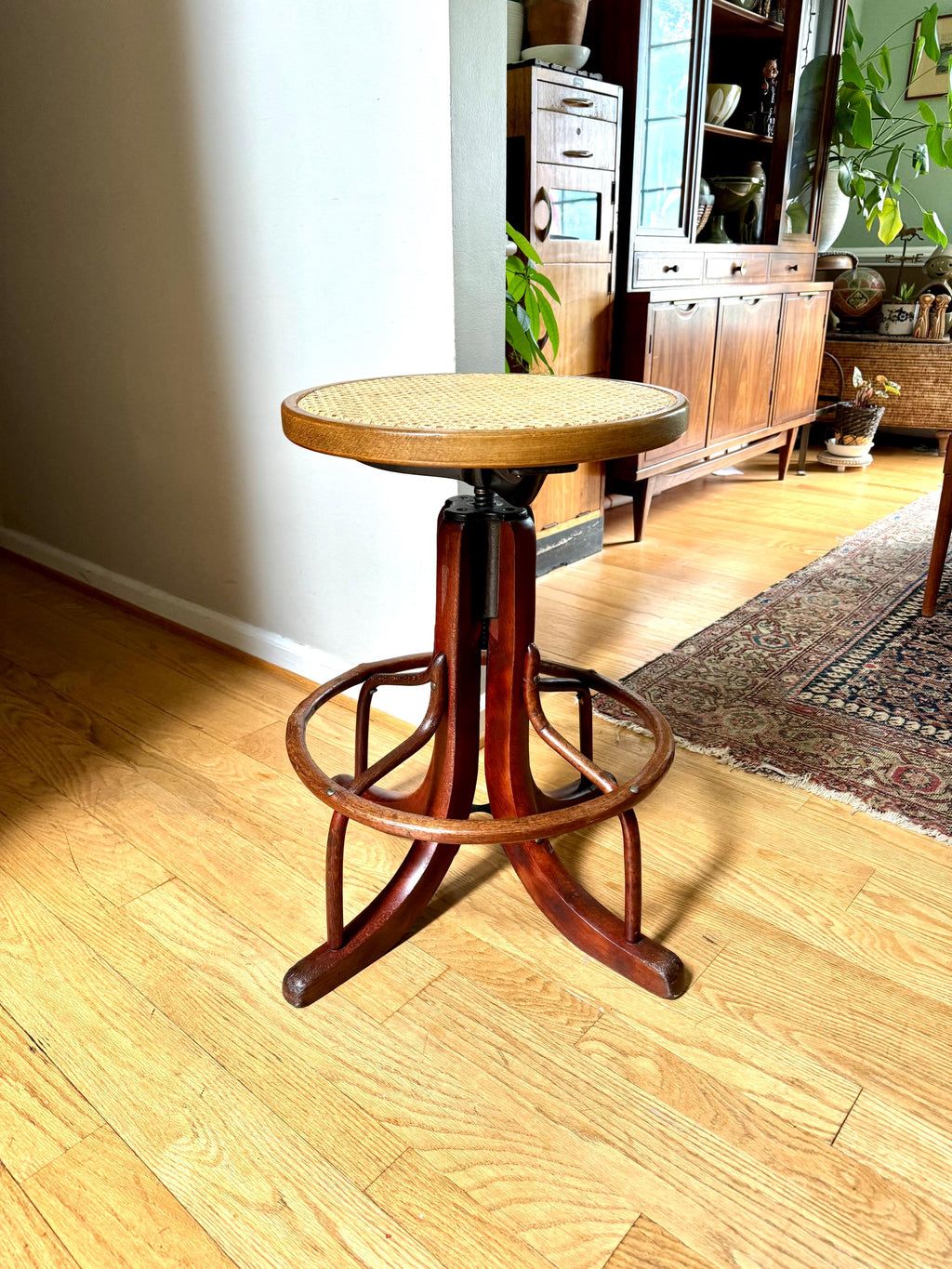 Antique Wood and Cast Iron Adjustable Stool| Bentwood Swivel Caned Top Stool| Wooden Drafting Stool | Adjustable Operators Switchboard Stool