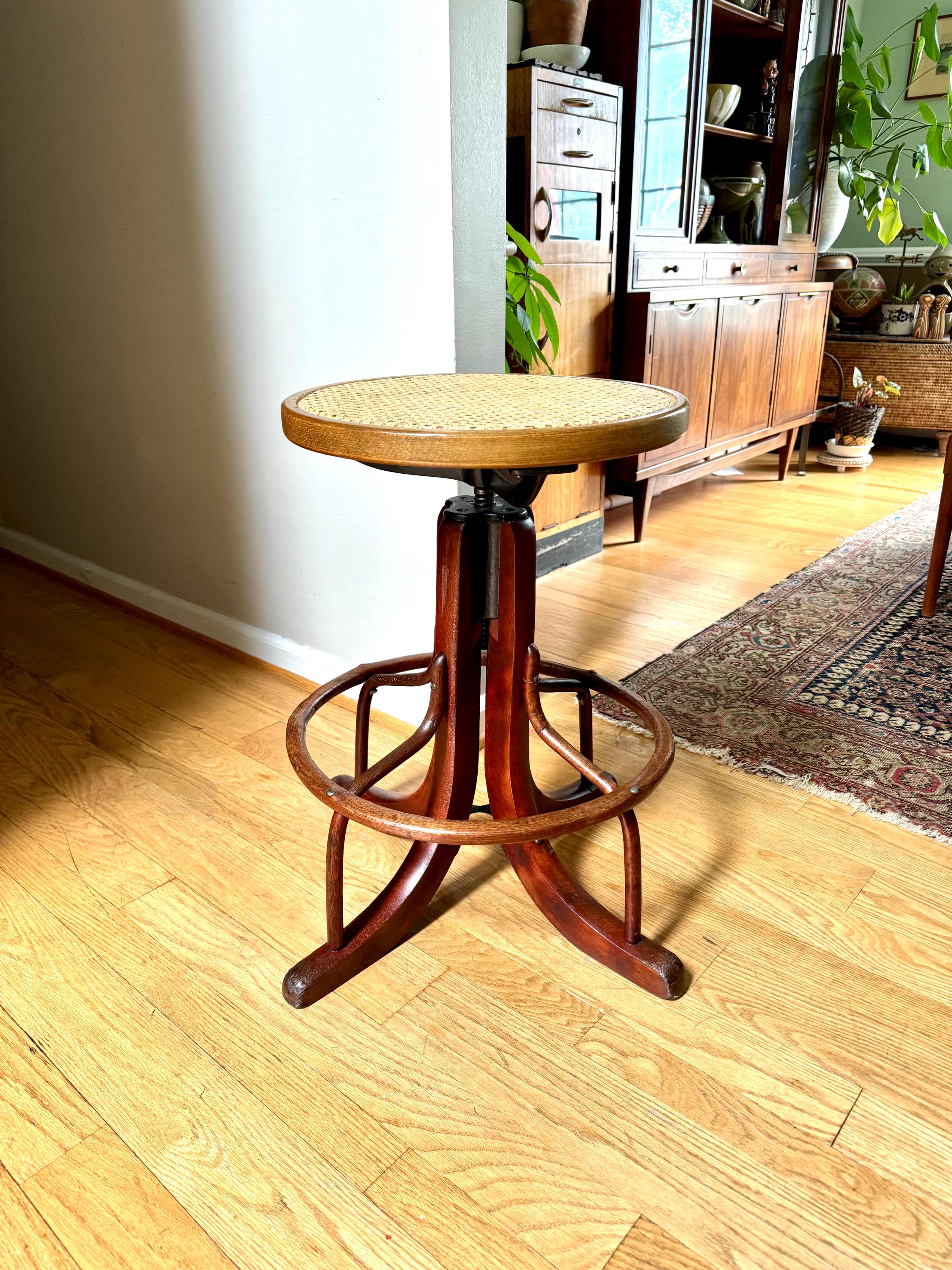 Antique Wood and Cast Iron Adjustable Stool| Bentwood Swivel Caned Top Stool| Wooden Drafting Stool | Adjustable Operators Switchboard Stool