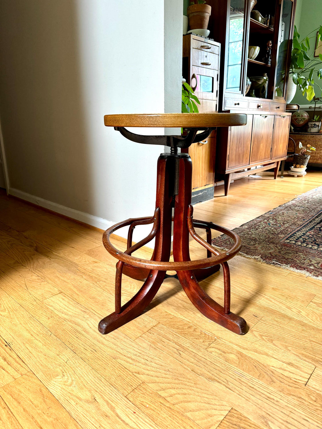 Antique Wood and Cast Iron Adjustable Stool| Bentwood Swivel Caned Top Stool| Wooden Drafting Stool | Adjustable Operators Switchboard Stool