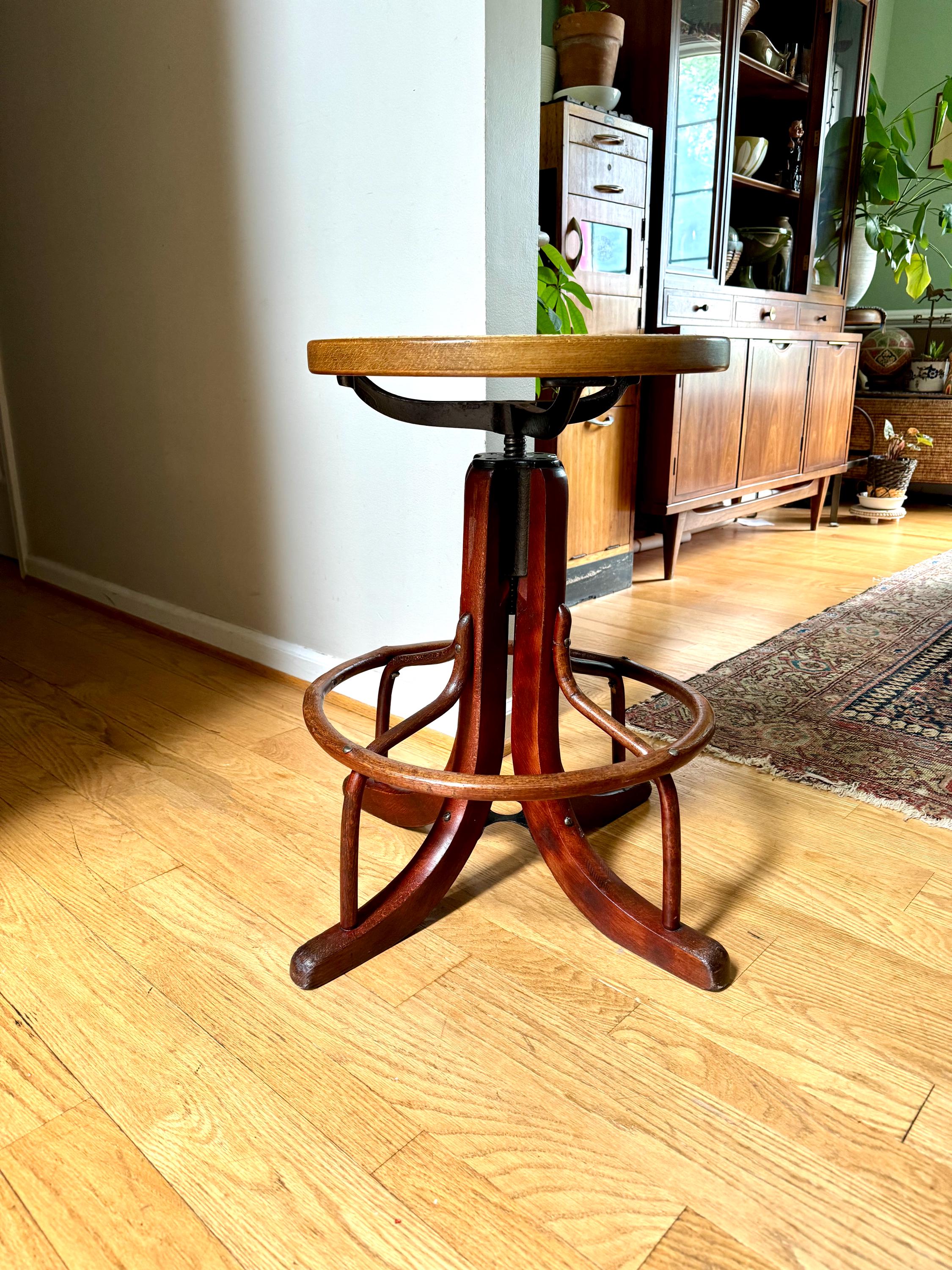 Antique Wood and Cast Iron Adjustable Stool| Bentwood Swivel Caned Top Stool| Wooden Drafting Stool | Adjustable Operators Switchboard Stool