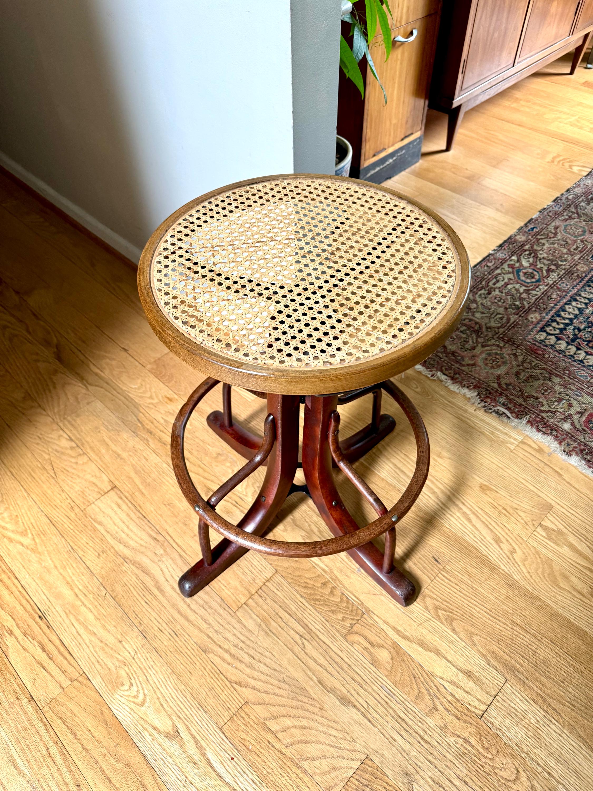 Antique Wood and Cast Iron Adjustable Stool| Bentwood Swivel Caned Top Stool| Wooden Drafting Stool | Adjustable Operators Switchboard Stool