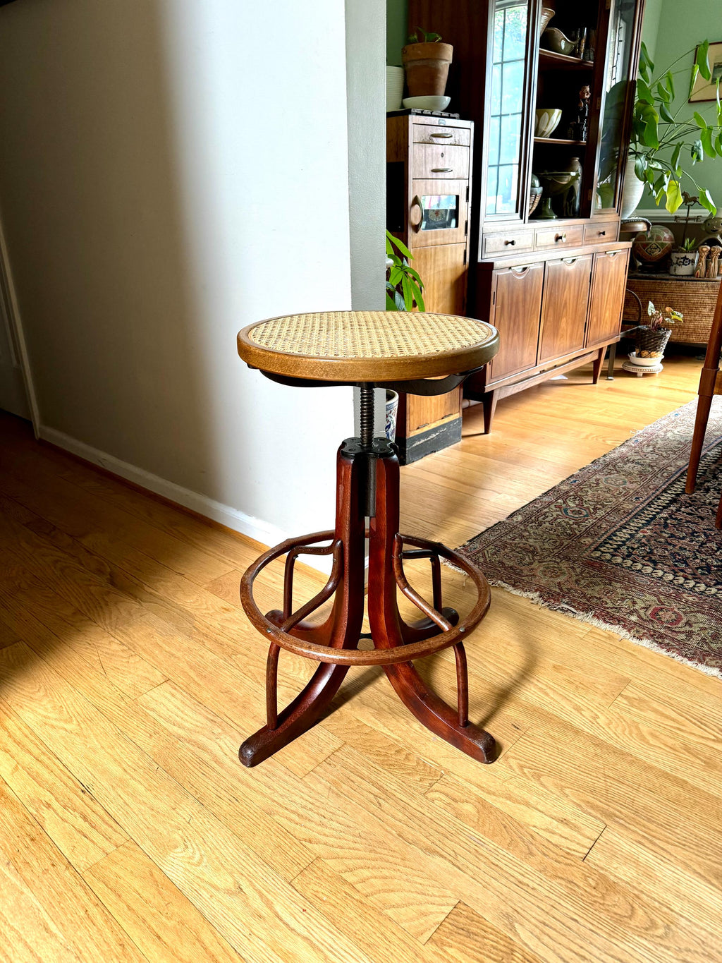 Antique Wood and Cast Iron Adjustable Stool| Bentwood Swivel Caned Top Stool| Wooden Drafting Stool | Adjustable Operators Switchboard Stool
