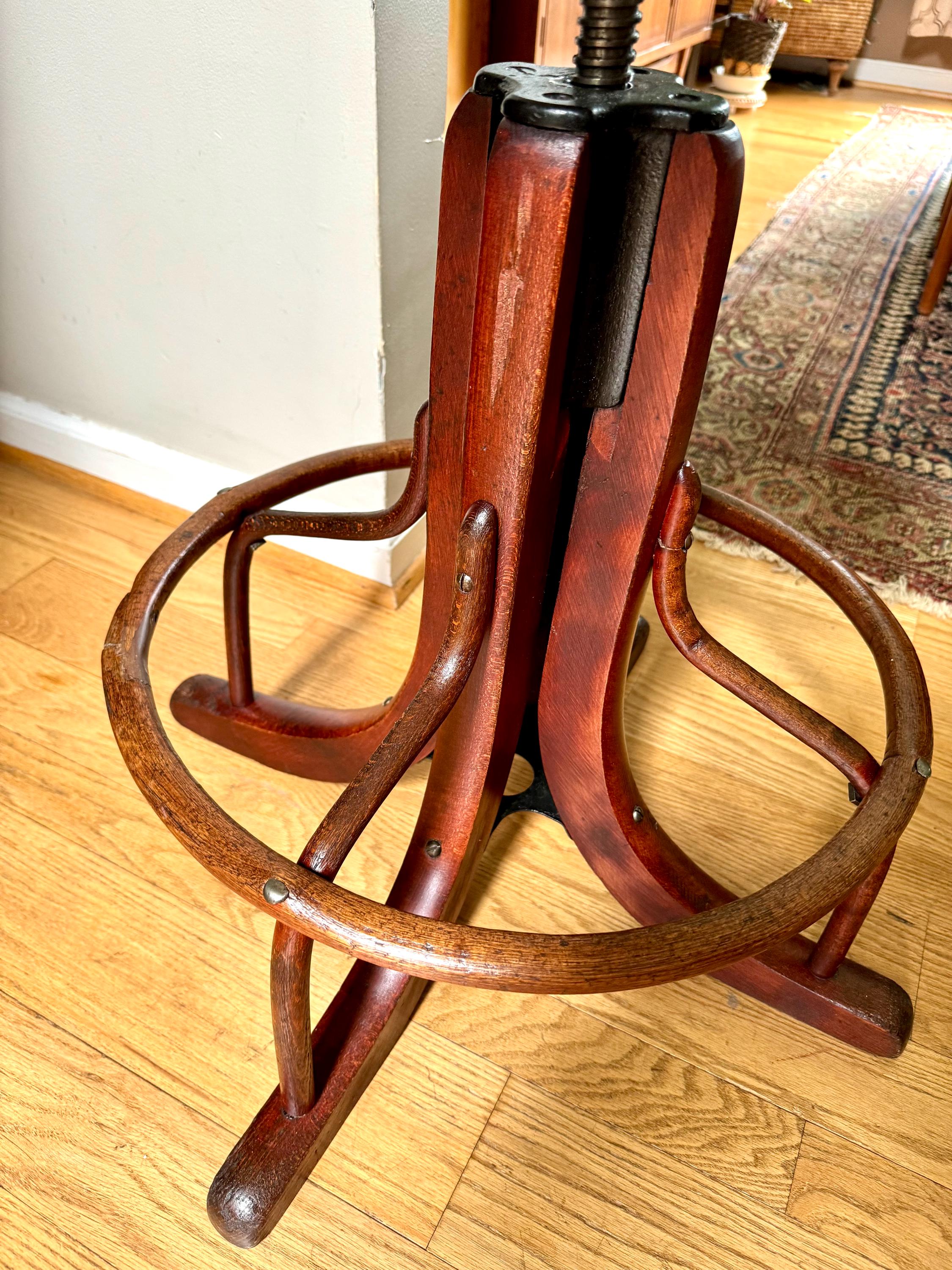 Antique Wood and Cast Iron Adjustable Stool| Bentwood Swivel Caned Top Stool| Wooden Drafting Stool | Adjustable Operators Switchboard Stool
