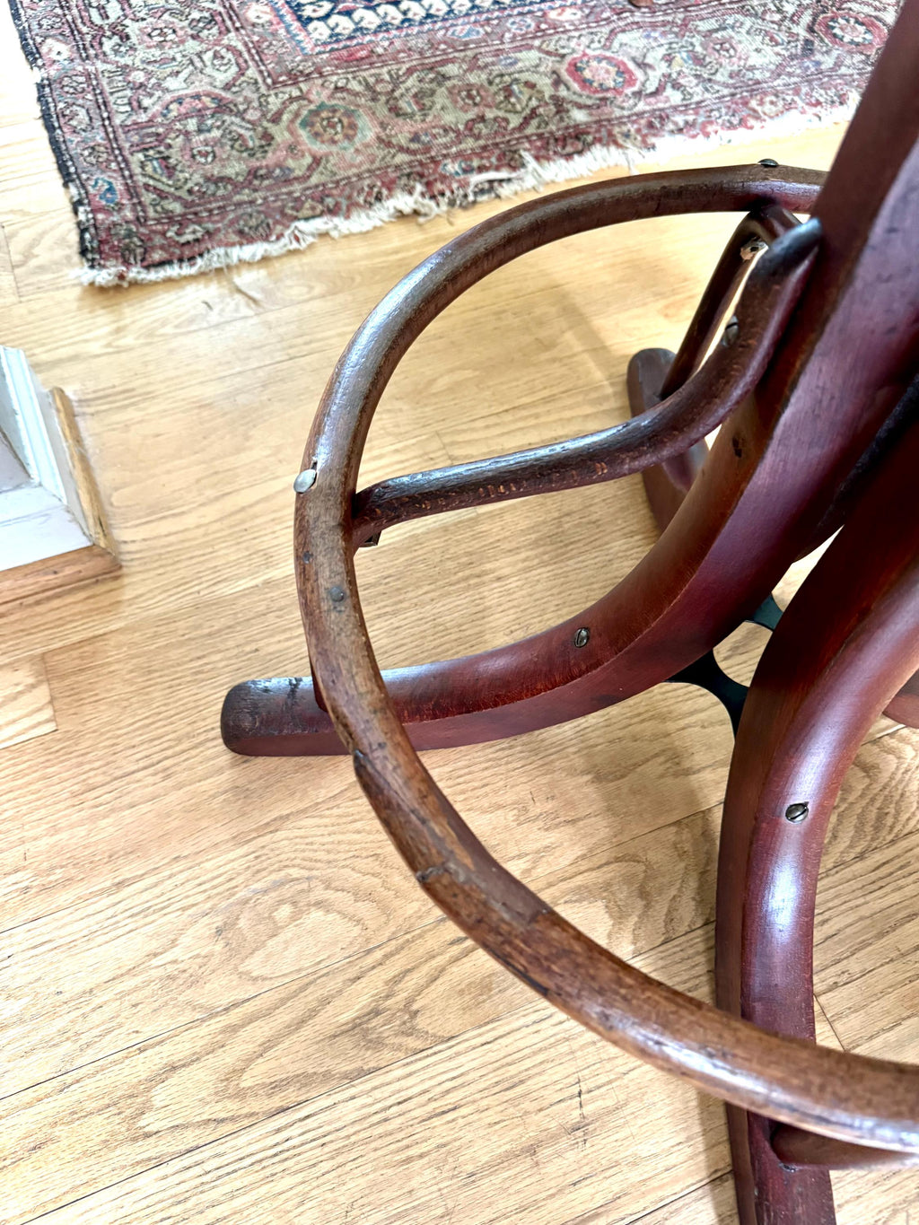 Antique Wood and Cast Iron Adjustable Stool| Bentwood Swivel Caned Top Stool| Wooden Drafting Stool | Adjustable Operators Switchboard Stool