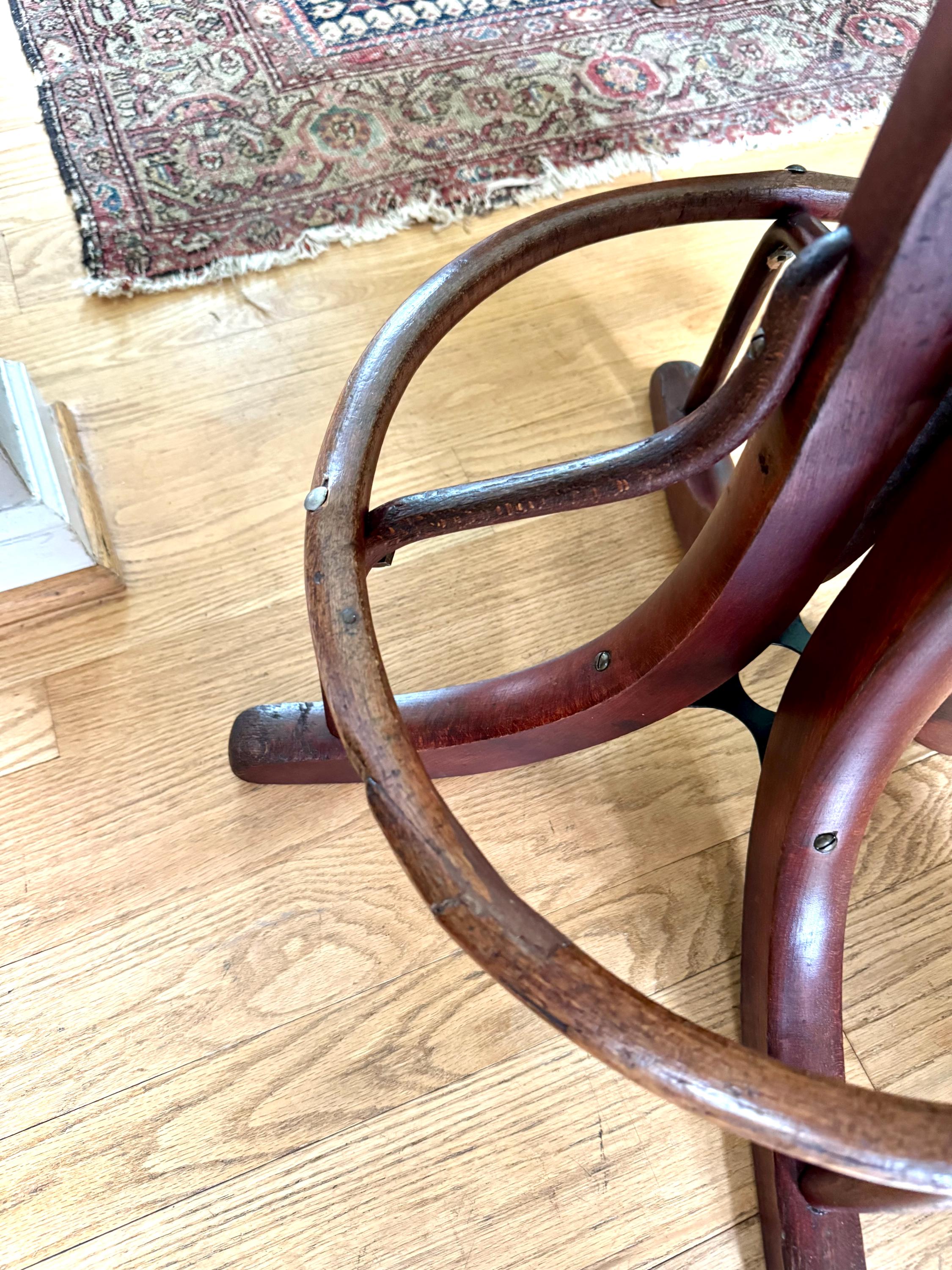 Antique Wood and Cast Iron Adjustable Stool| Bentwood Swivel Caned Top Stool| Wooden Drafting Stool | Adjustable Operators Switchboard Stool