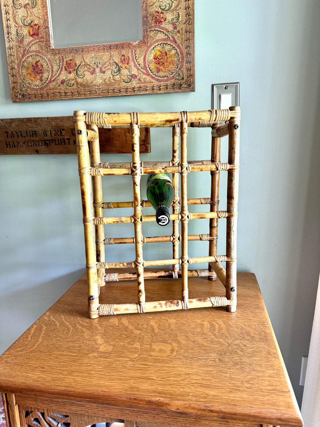 Vintage Bamboo Rattan Wicker Wine Rack | Bamboo Wine Bottle Rack | Mid Century Wine Rack | Bohemian Bamboo Rack | Tiki Bar Bottle Rack