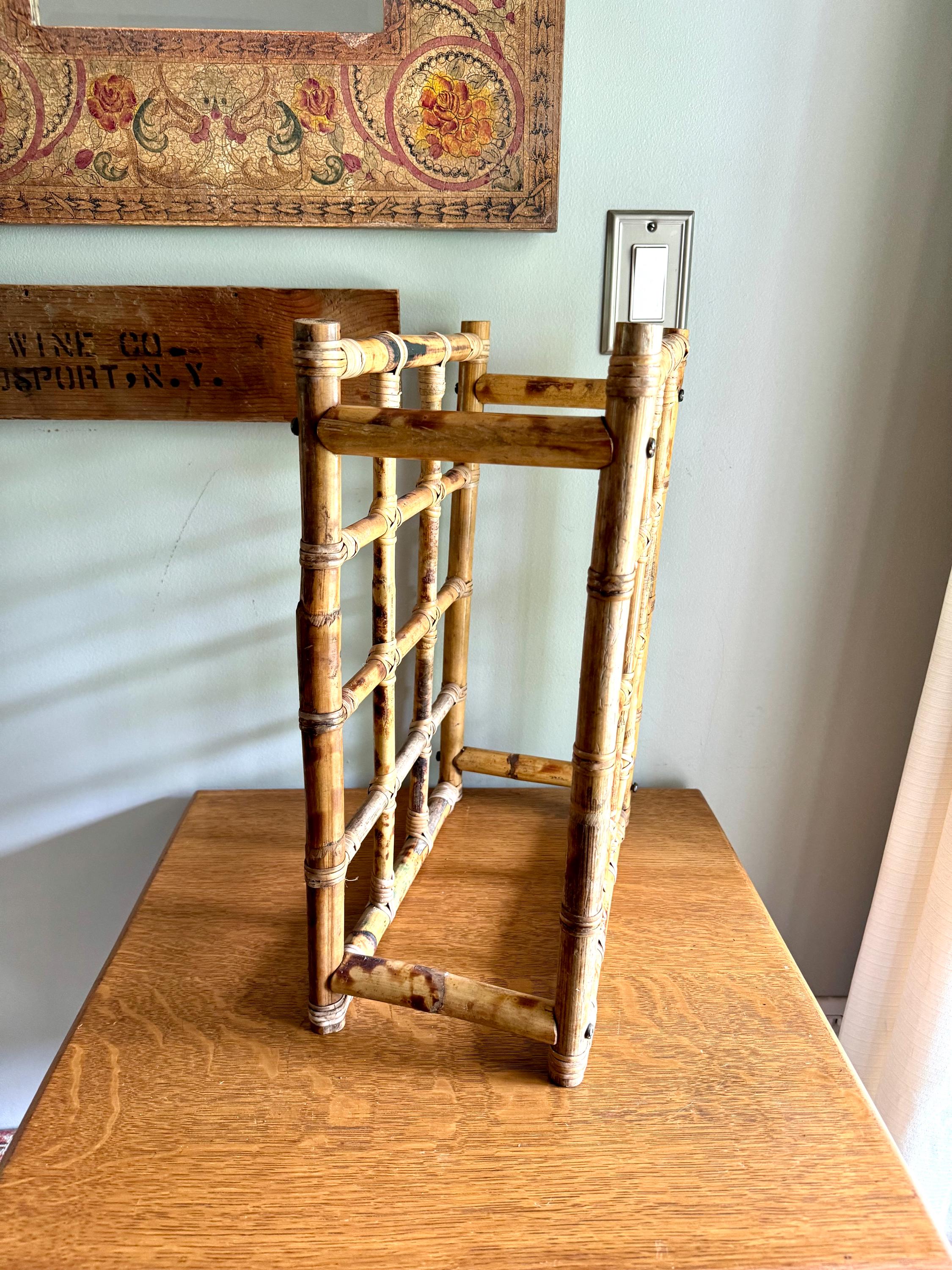 Vintage Bamboo Rattan Wicker Wine Rack | Bamboo Wine Bottle Rack | Mid Century Wine Rack | Bohemian Bamboo Rack | Tiki Bar Bottle Rack