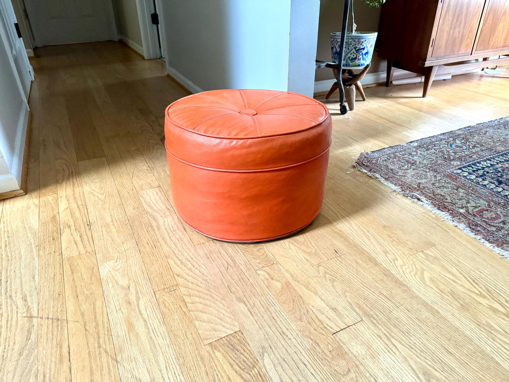 Mid Century Ottoman | Retro Faux Leather Foot Stool | Orange Vinyl Ottoman | Orange Round Ottoman | Large Round Ottoman | MCM Decor