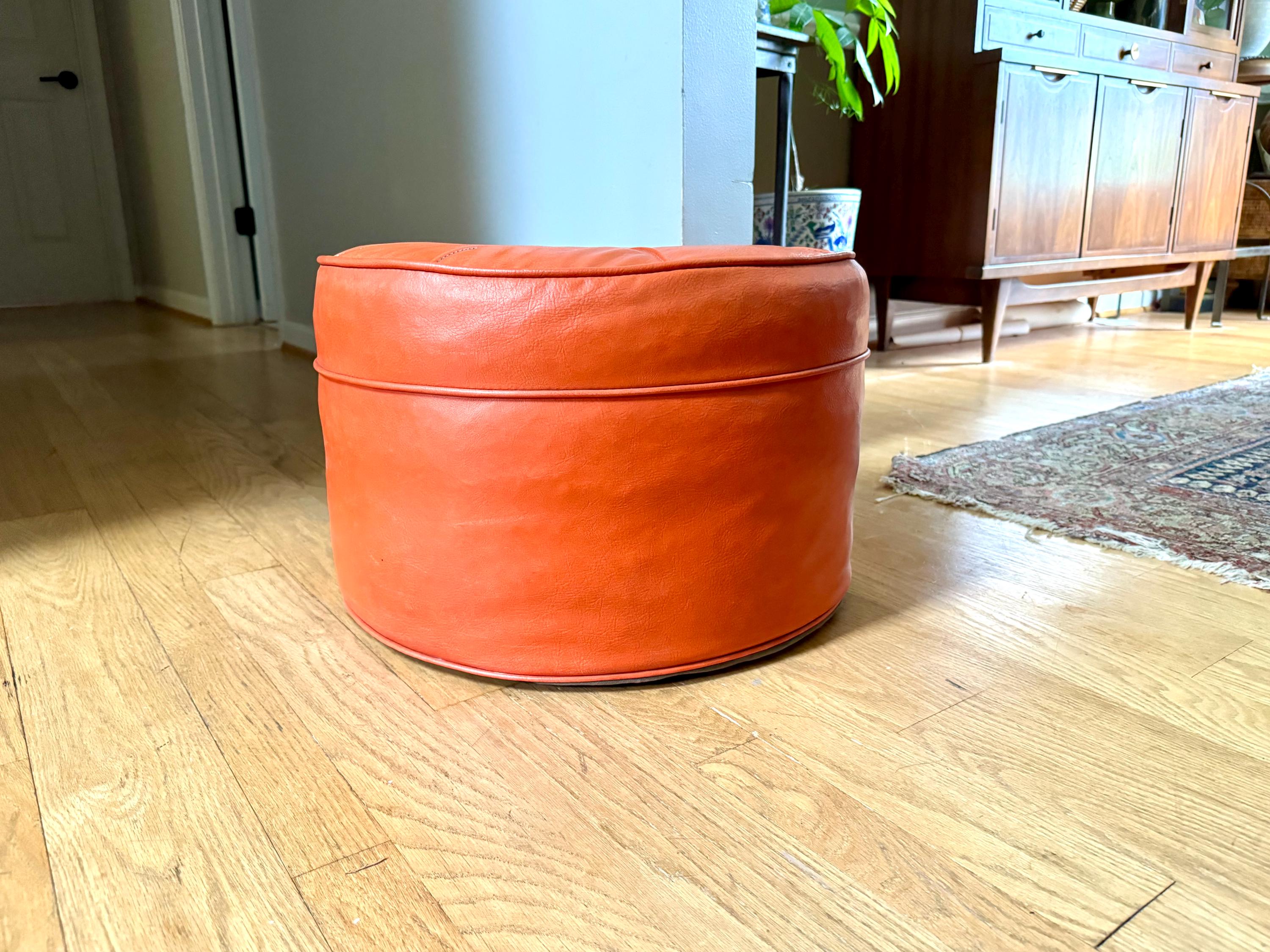 Mid Century Ottoman | Retro Faux Leather Foot Stool | Orange Vinyl Ottoman | Orange Round Ottoman | Large Round Ottoman | MCM Decor