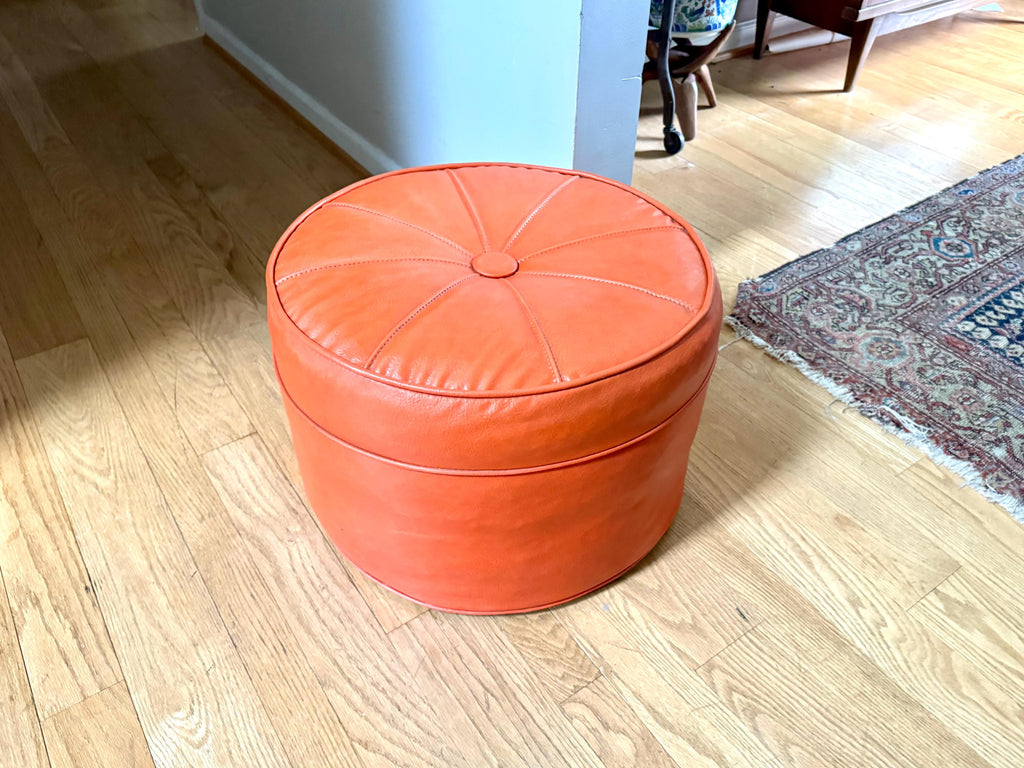Mid Century Ottoman | Retro Faux Leather Foot Stool | Orange Vinyl Ottoman | Orange Round Ottoman | Large Round Ottoman | MCM Decor