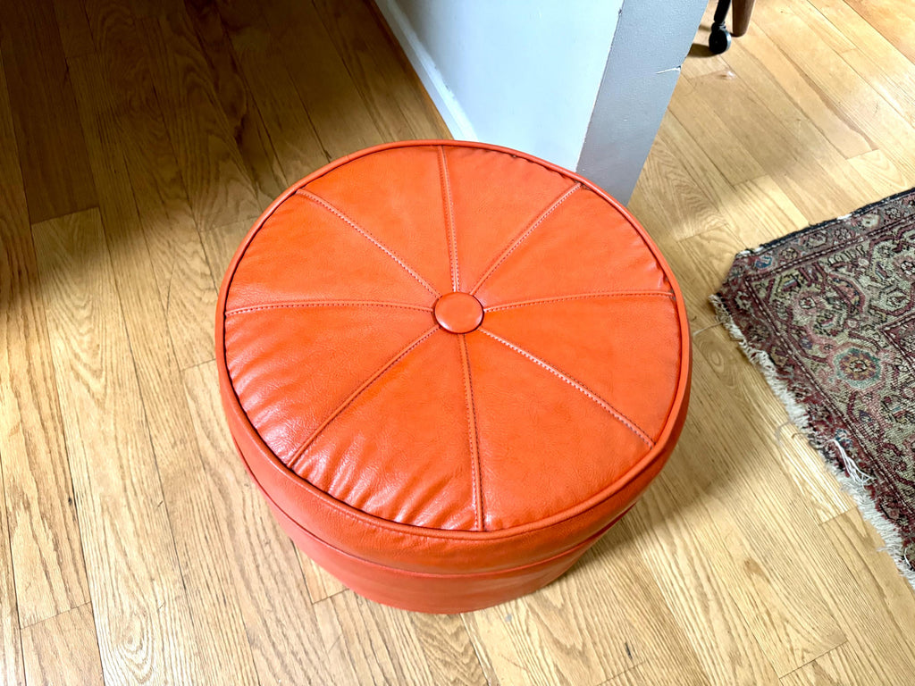 Mid Century Ottoman | Retro Faux Leather Foot Stool | Orange Vinyl Ottoman | Orange Round Ottoman | Large Round Ottoman | MCM Decor