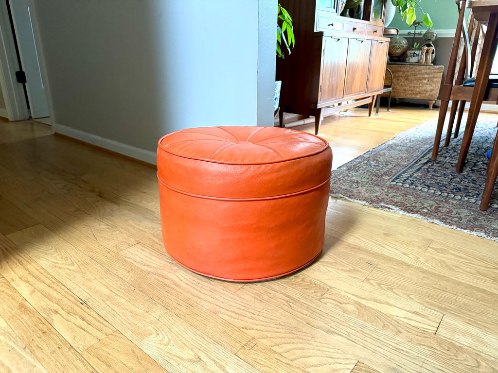 Mid Century Ottoman | Retro Faux Leather Foot Stool | Orange Vinyl Ottoman | Orange Round Ottoman | Large Round Ottoman | MCM Decor