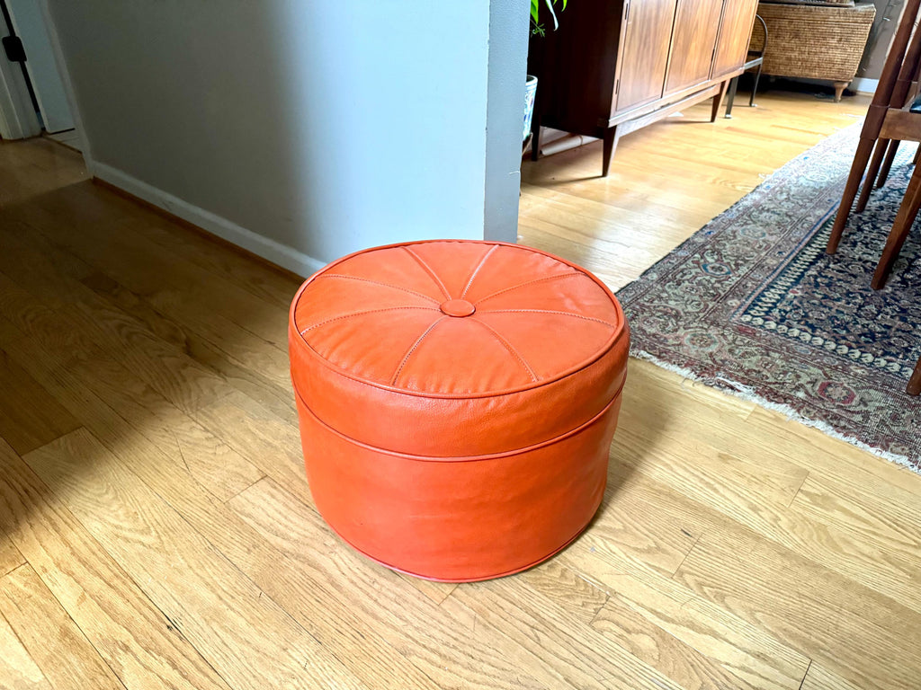 Mid Century Ottoman | Retro Faux Leather Foot Stool | Orange Vinyl Ottoman | Orange Round Ottoman | Large Round Ottoman | MCM Decor