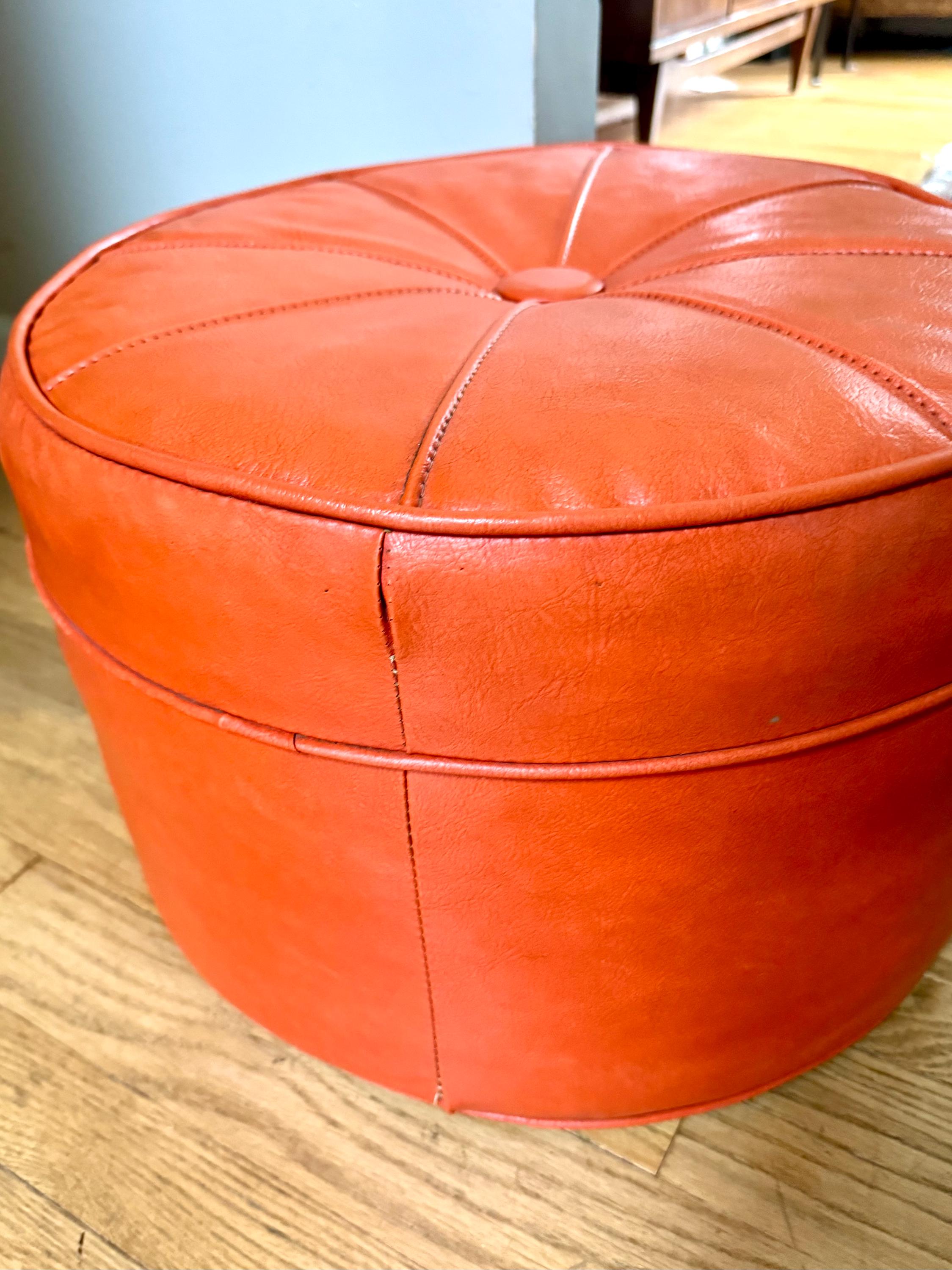 Mid Century Ottoman | Retro Faux Leather Foot Stool | Orange Vinyl Ottoman | Orange Round Ottoman | Large Round Ottoman | MCM Decor