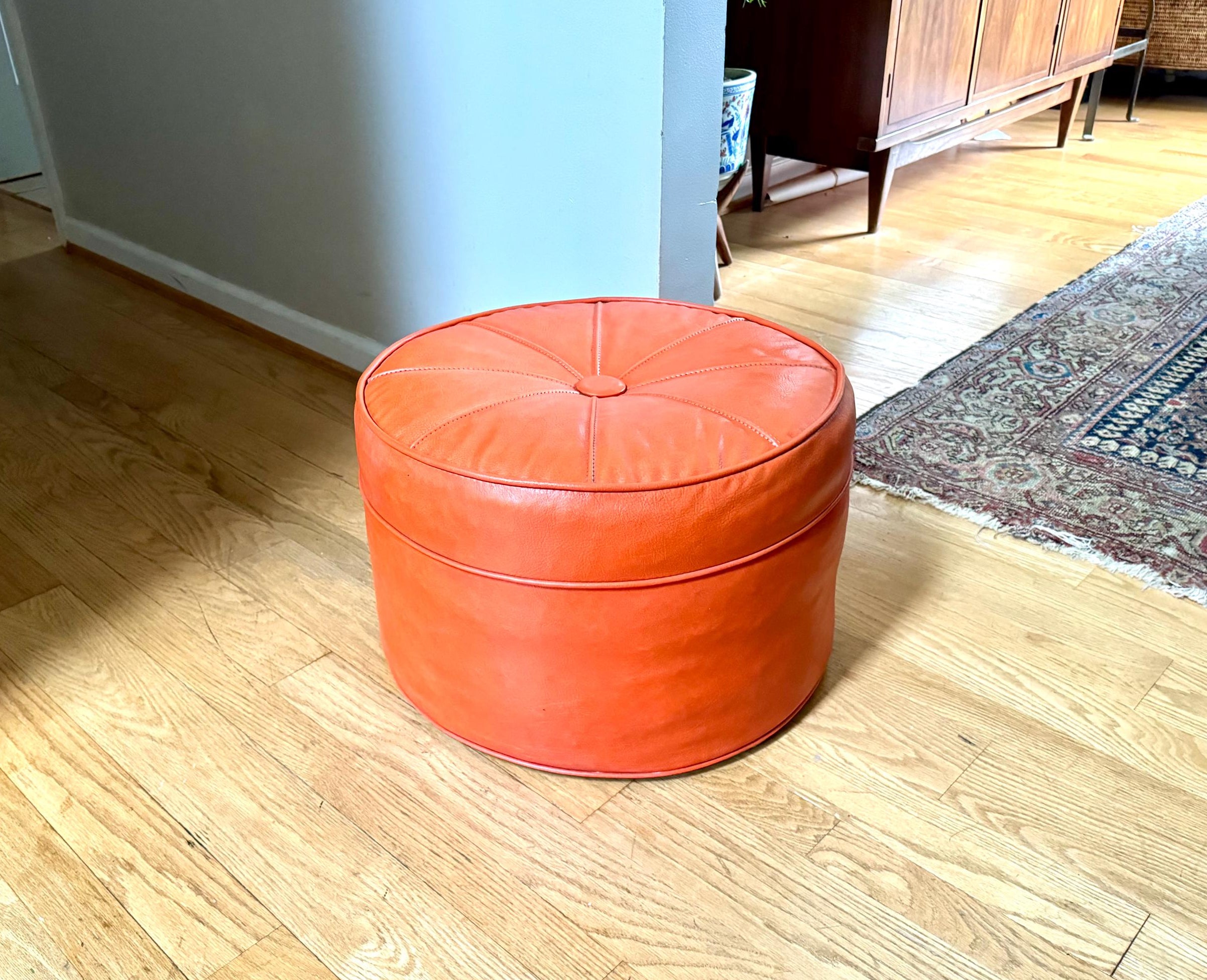 Mid Century Ottoman | Retro Faux Leather Foot Stool | Orange Vinyl Ottoman | Orange Round Ottoman | Large Round Ottoman | MCM Decor