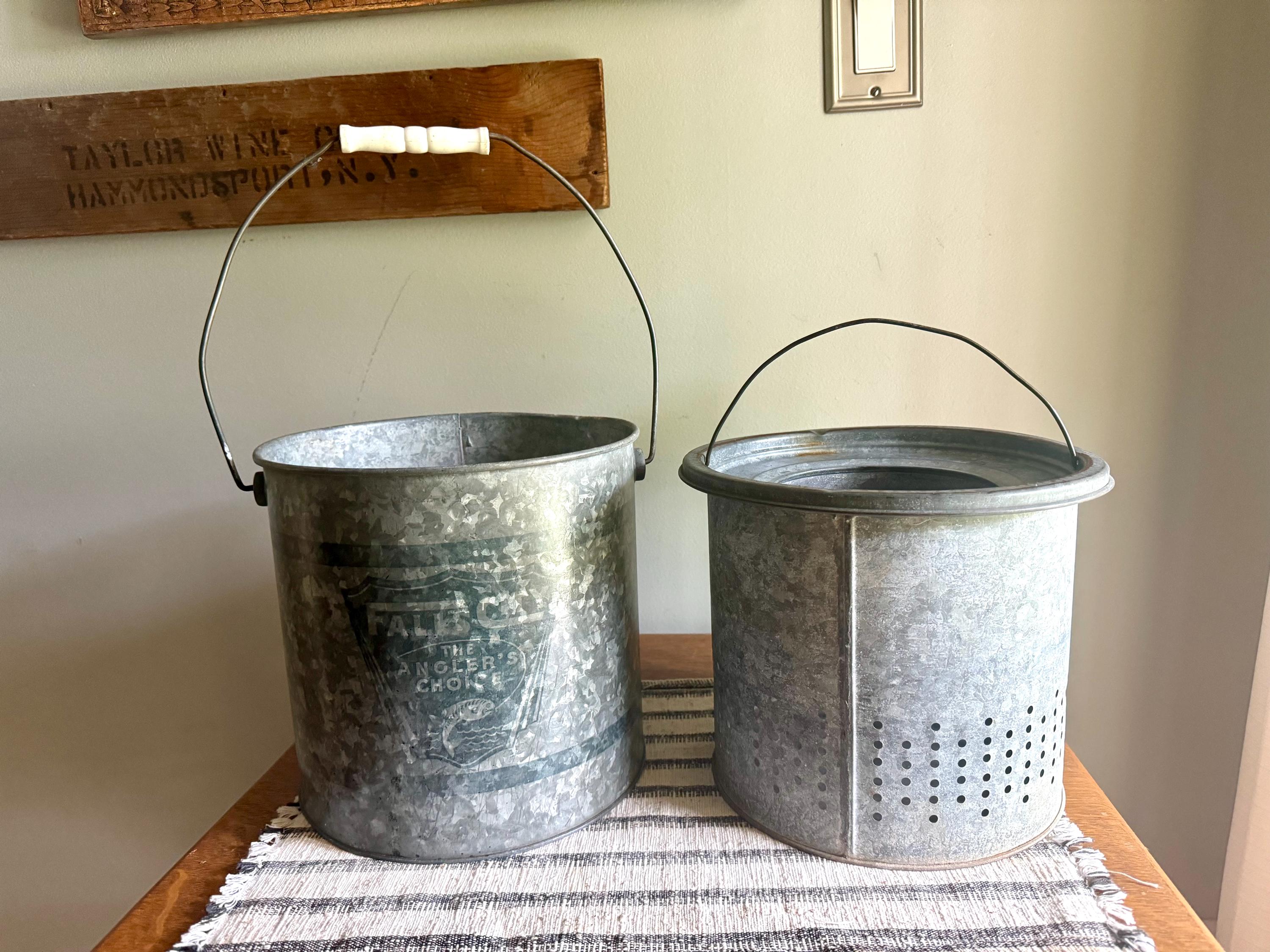 A Falls City The Angler's Choice Minnow Bucket | Falls City Metal Bait Bucket | Two Piece Minnow Bucket | Display Bucket | Fishing Decor