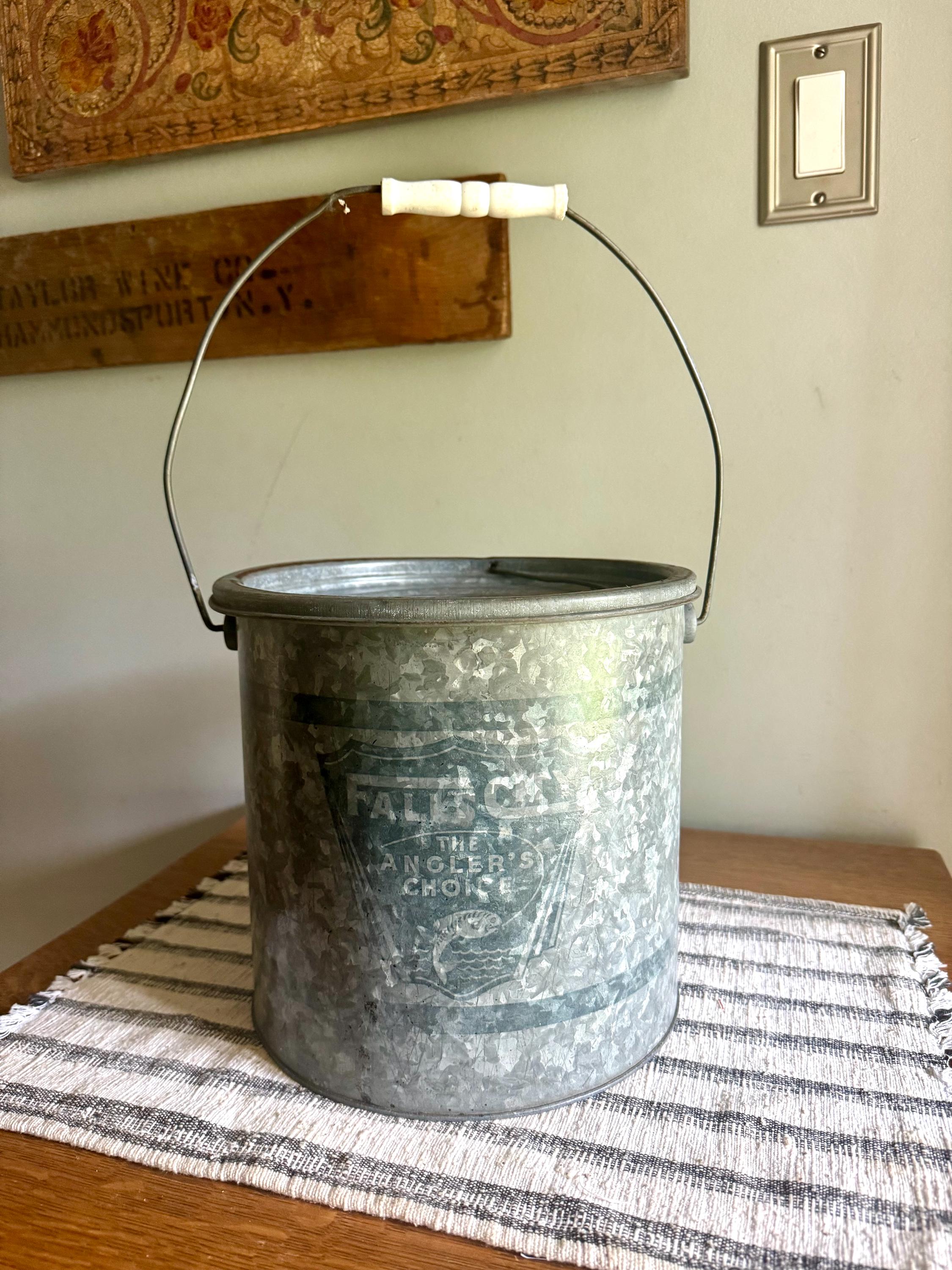 A Falls City The Angler's Choice Minnow Bucket | Falls City Metal Bait Bucket | Two Piece Minnow Bucket | Display Bucket | Fishing Decor