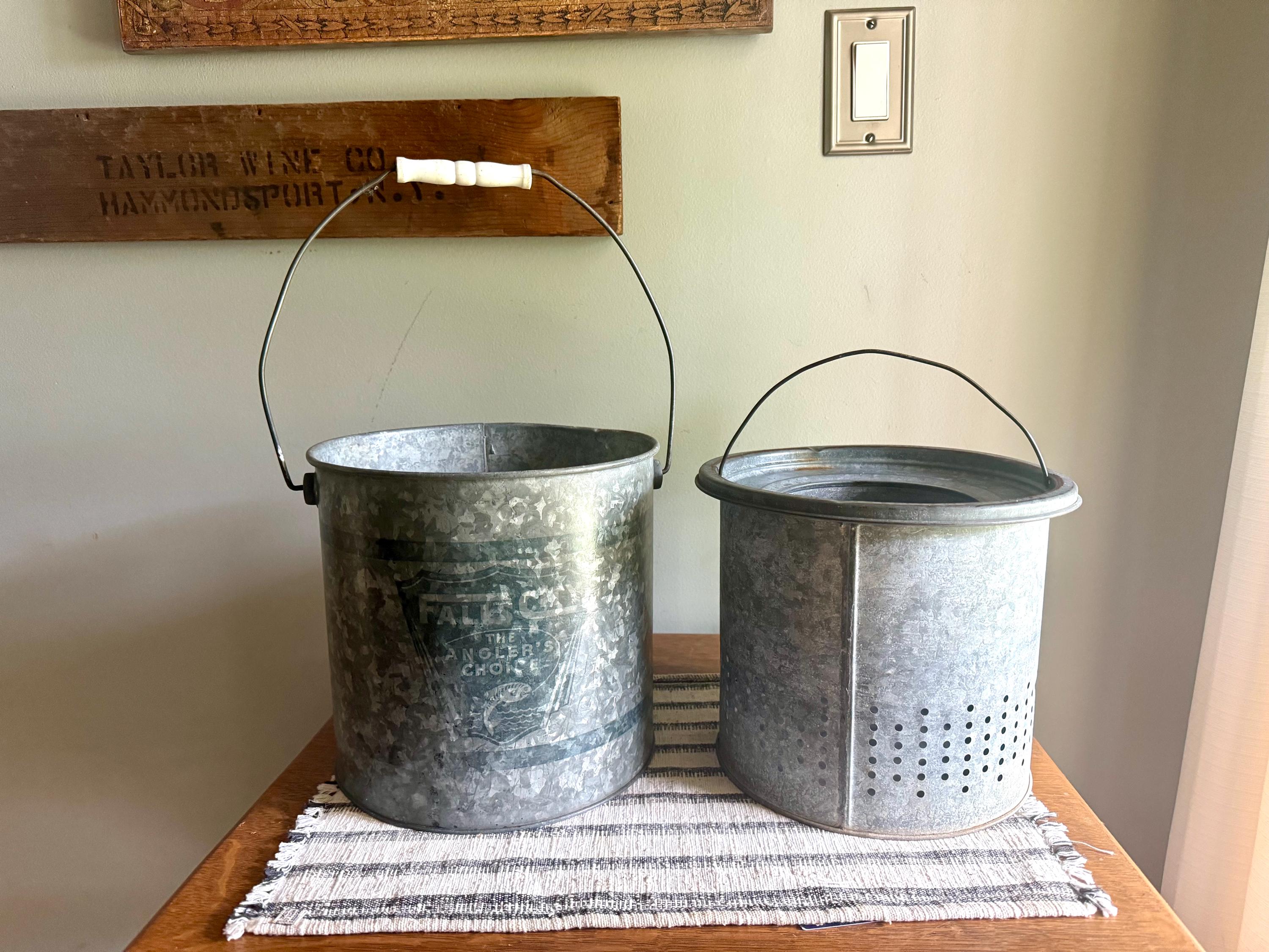 A Falls City The Angler's Choice Minnow Bucket | Falls City Metal Bait Bucket | Two Piece Minnow Bucket | Display Bucket | Fishing Decor