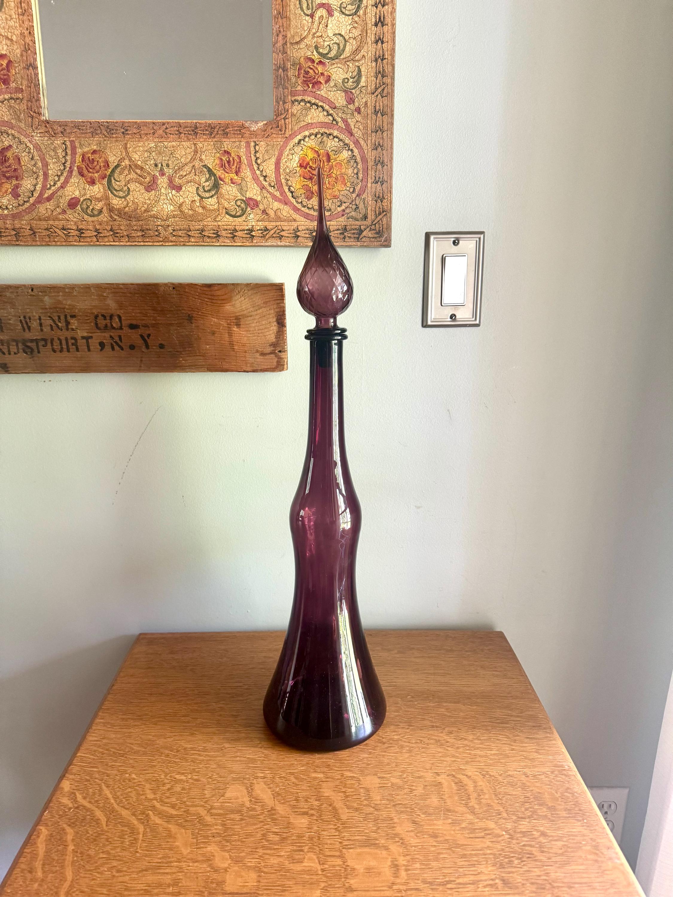 Large Amethyst Empoli Glass Bottle | Deep Purple Italian Glass Decanter | 24 1/2" Genie Bottle Amethyst Bohemian Style Bottle | Boho Decor